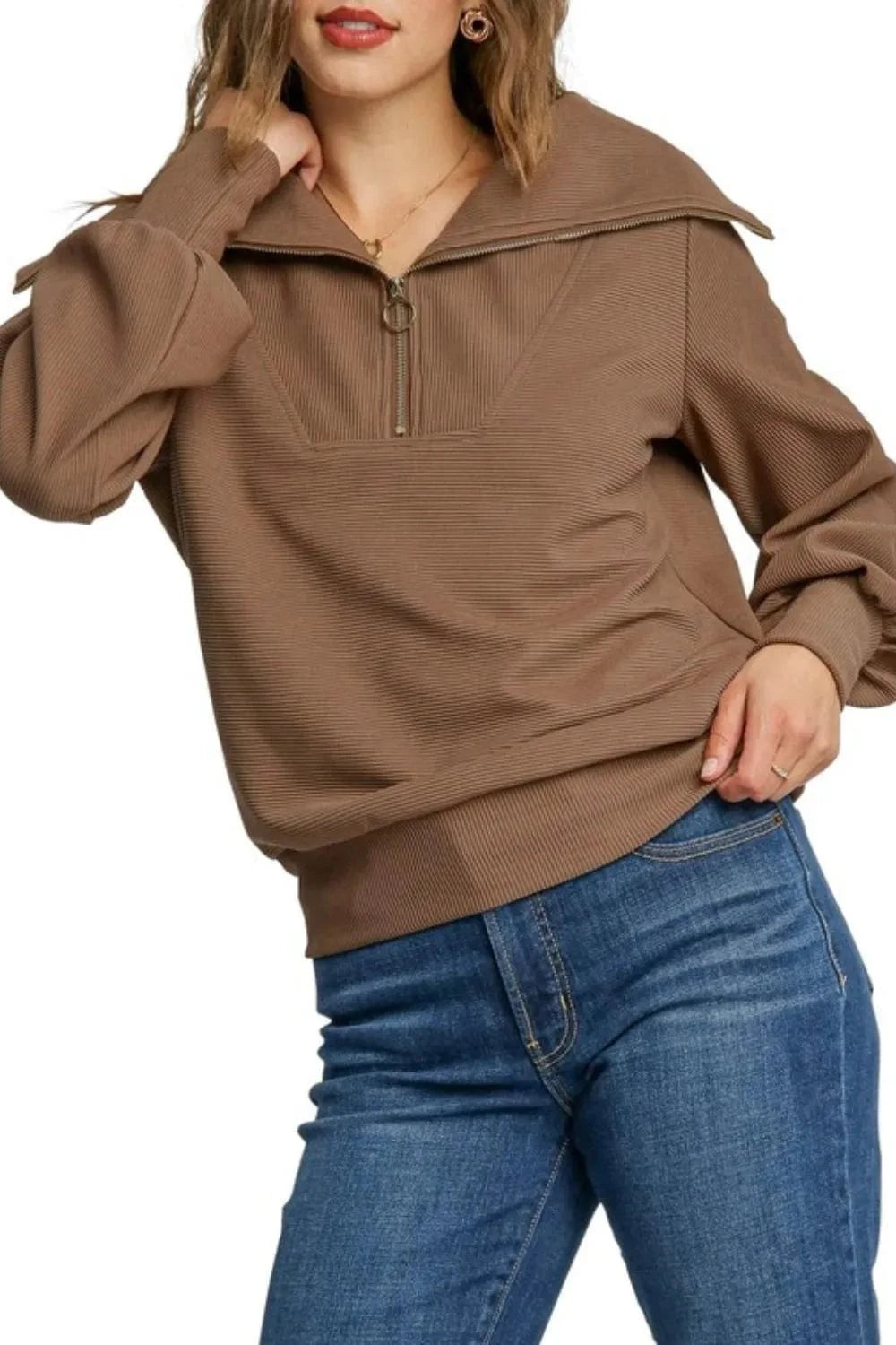Umgee Sweatshirts & Hoodies Umgee Full Size Ribbed Knit Half Zipper Sweatshirt Plus Size