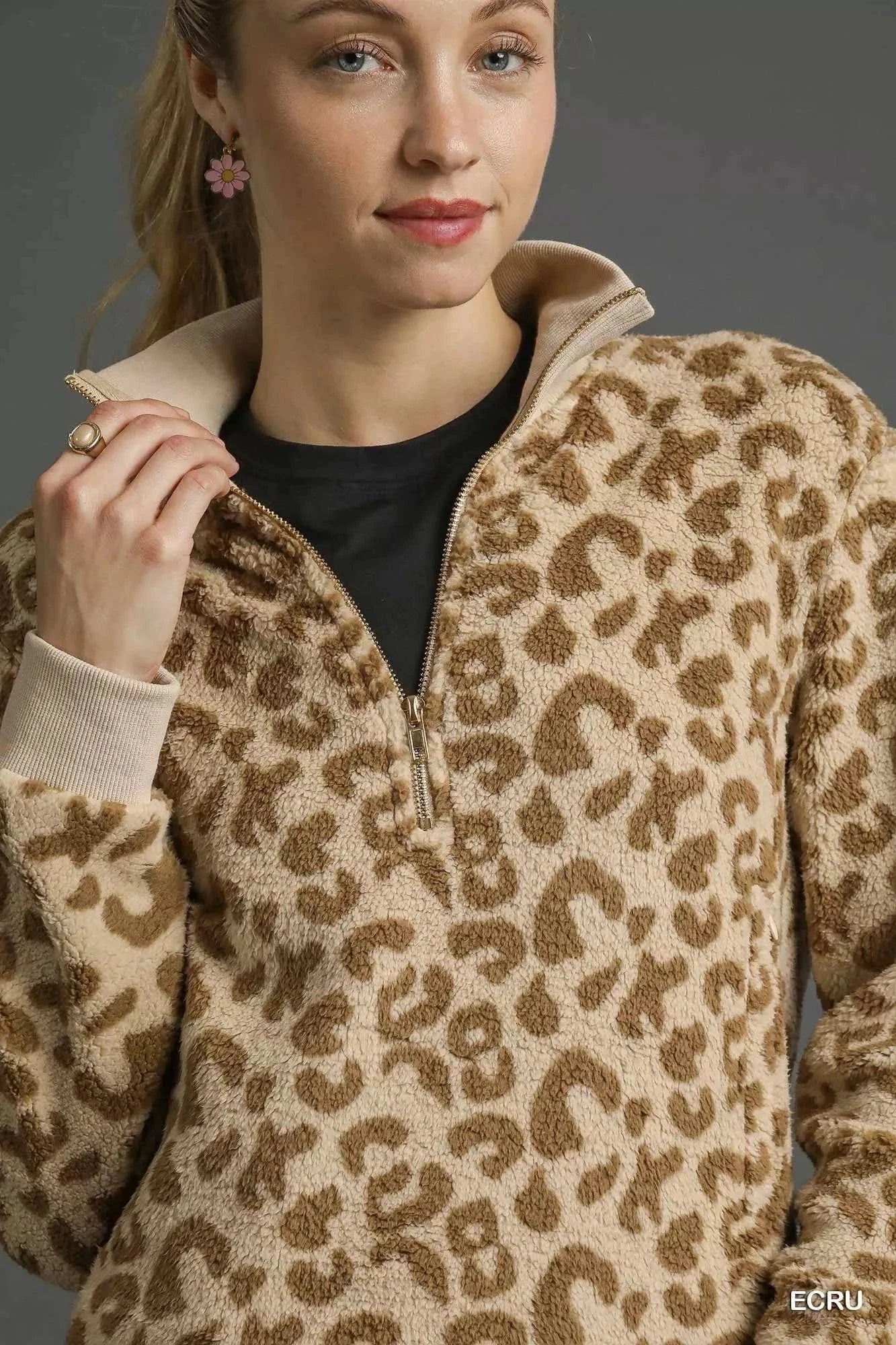 Umgee Sweatshirts & Hoodies Umgee Leopard Print Quarter-Zip Sweatshirt
