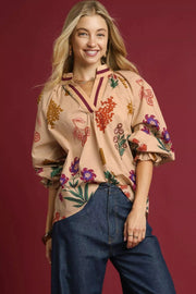 Umgee TAN MIX / S Umgee Floral Print Flounce Sleeve Blouse