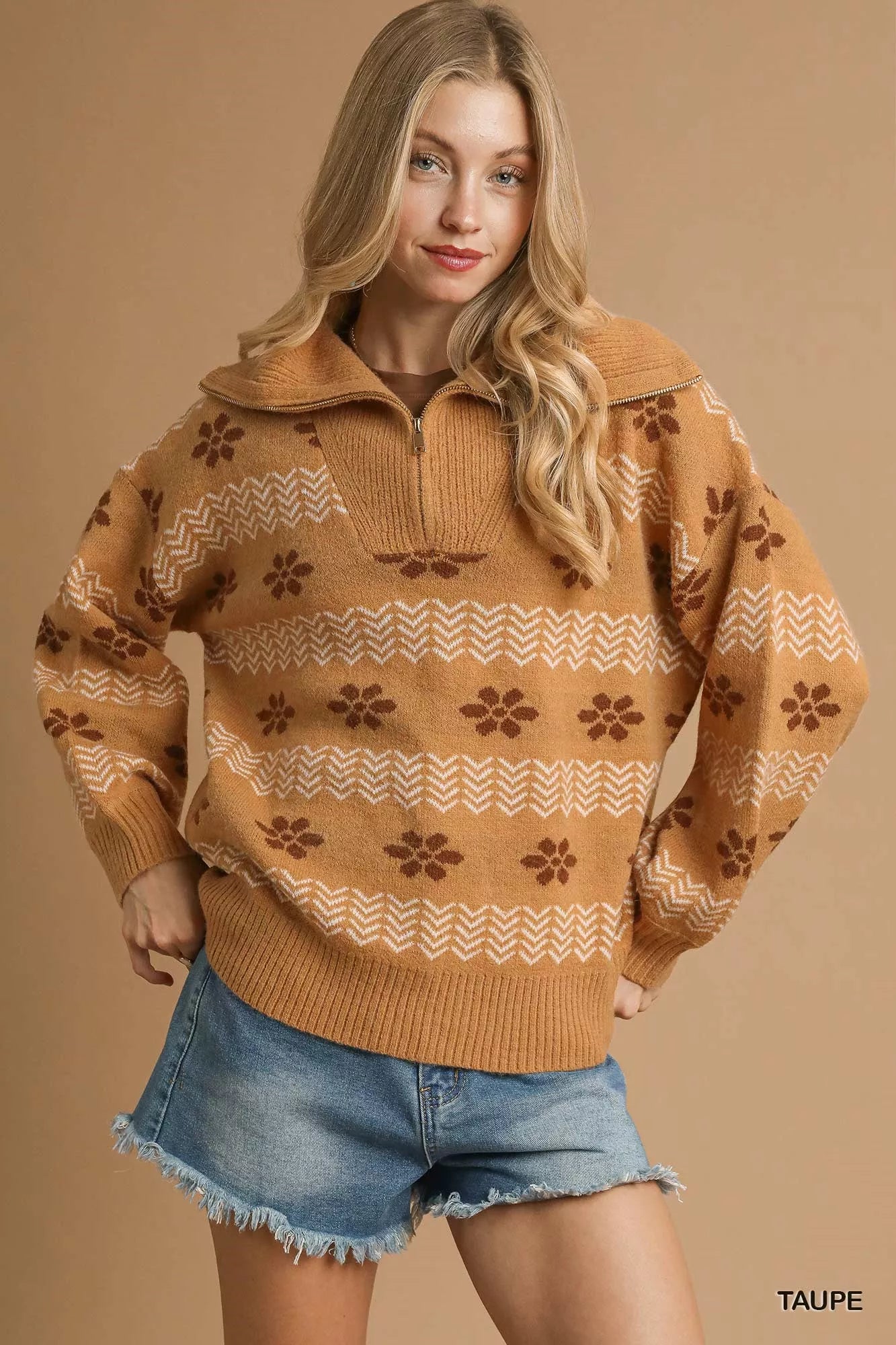 Umgee TAUPE / S Umgee Floral Patterned Jacquard Quarter-Zip Pullover Sweater