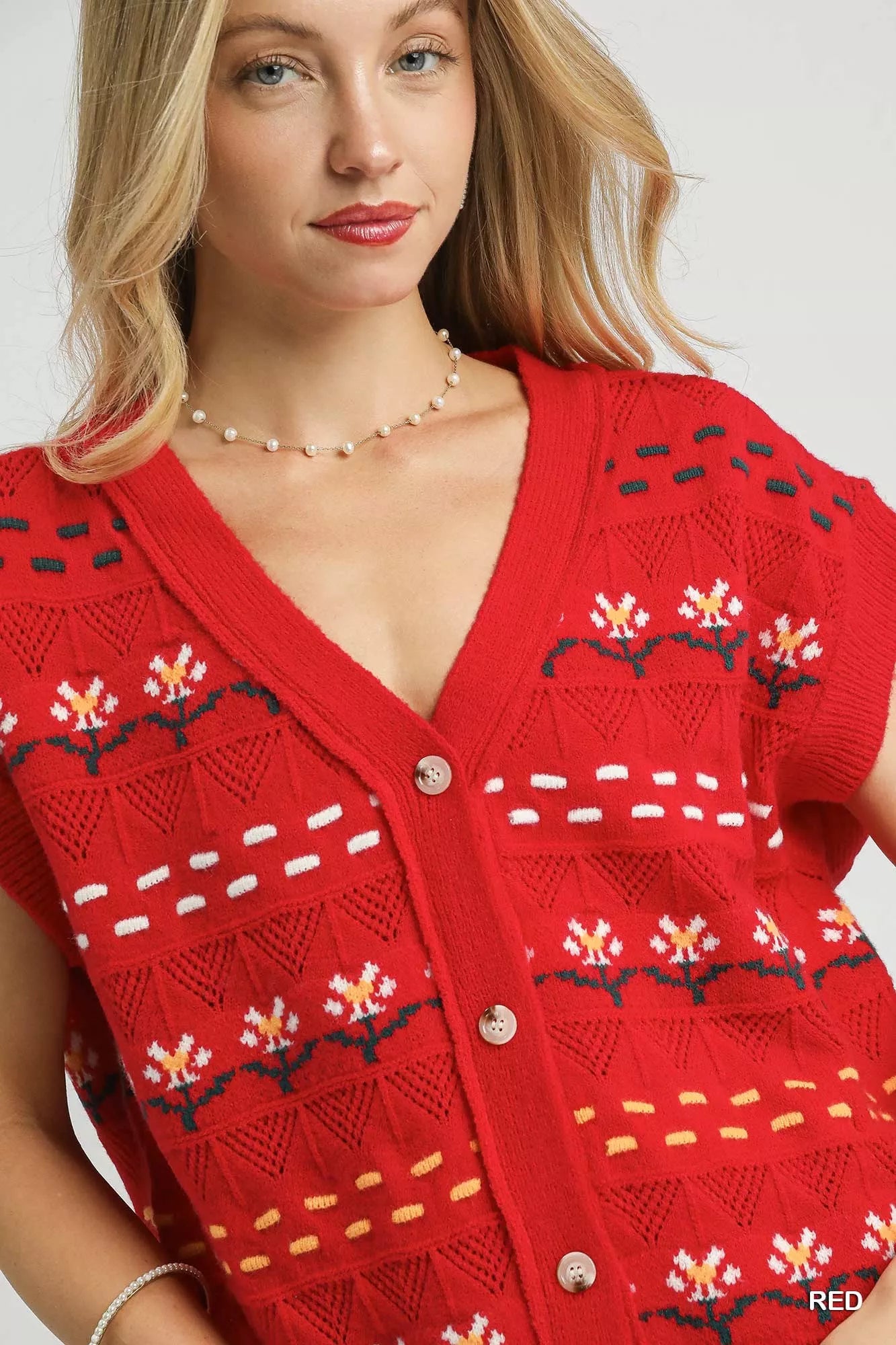 Umgee Umgee Button-Down Knit Vest with Floral Pattern