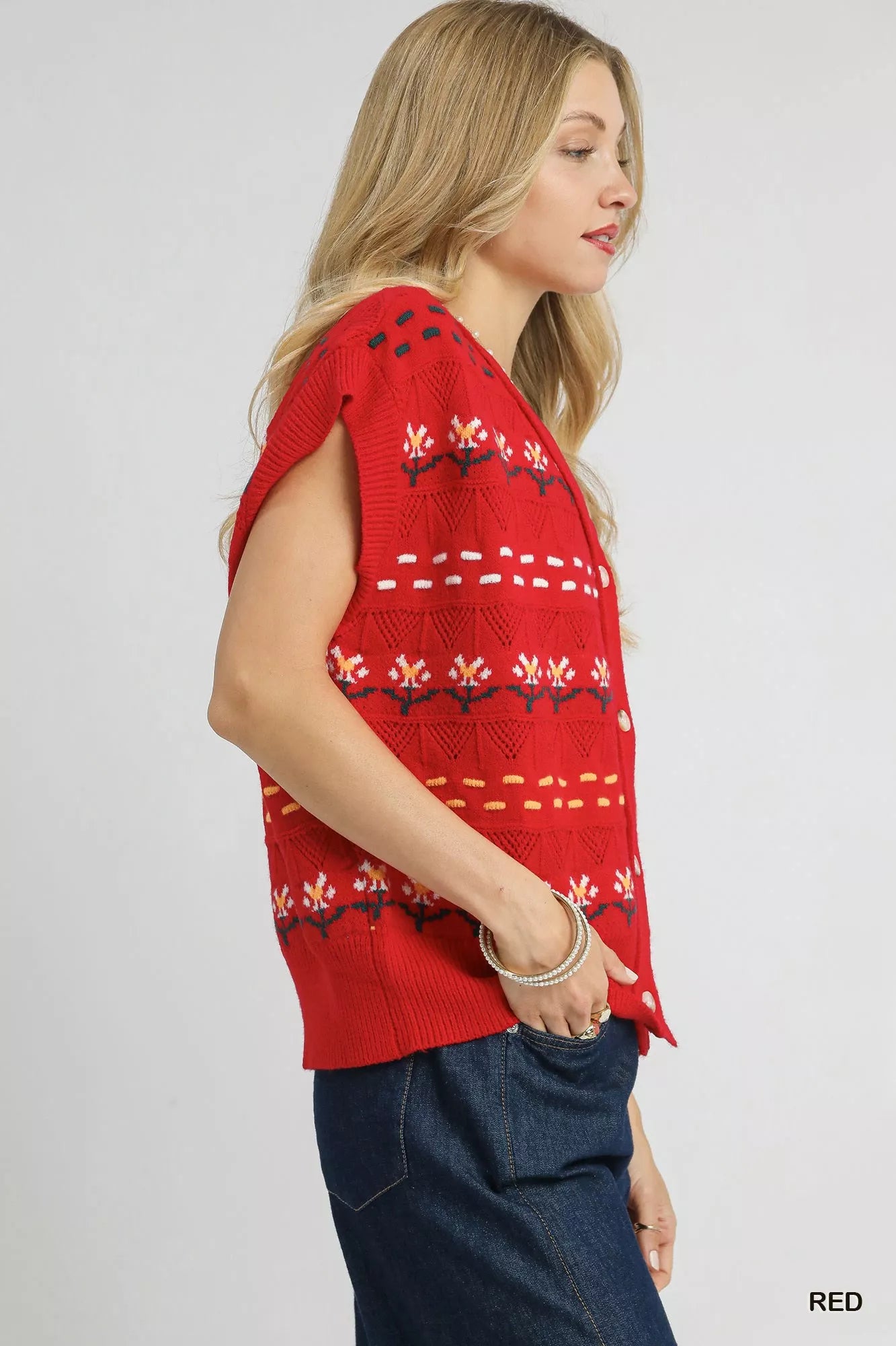 Umgee Umgee Button-Down Knit Vest with Floral Pattern