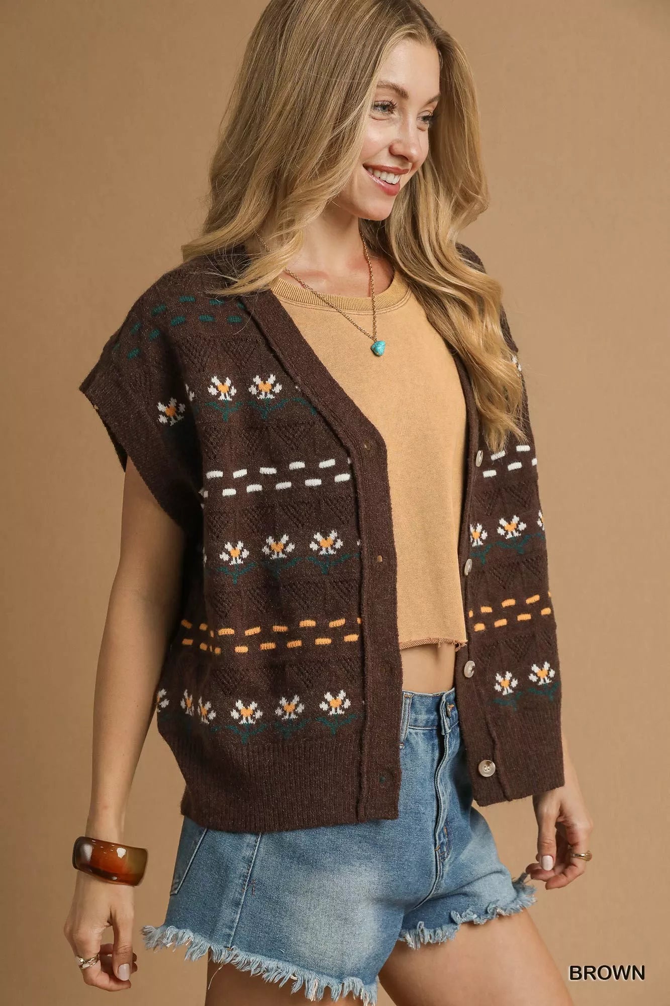 Umgee Umgee Button-Down Knit Vest with Floral Pattern