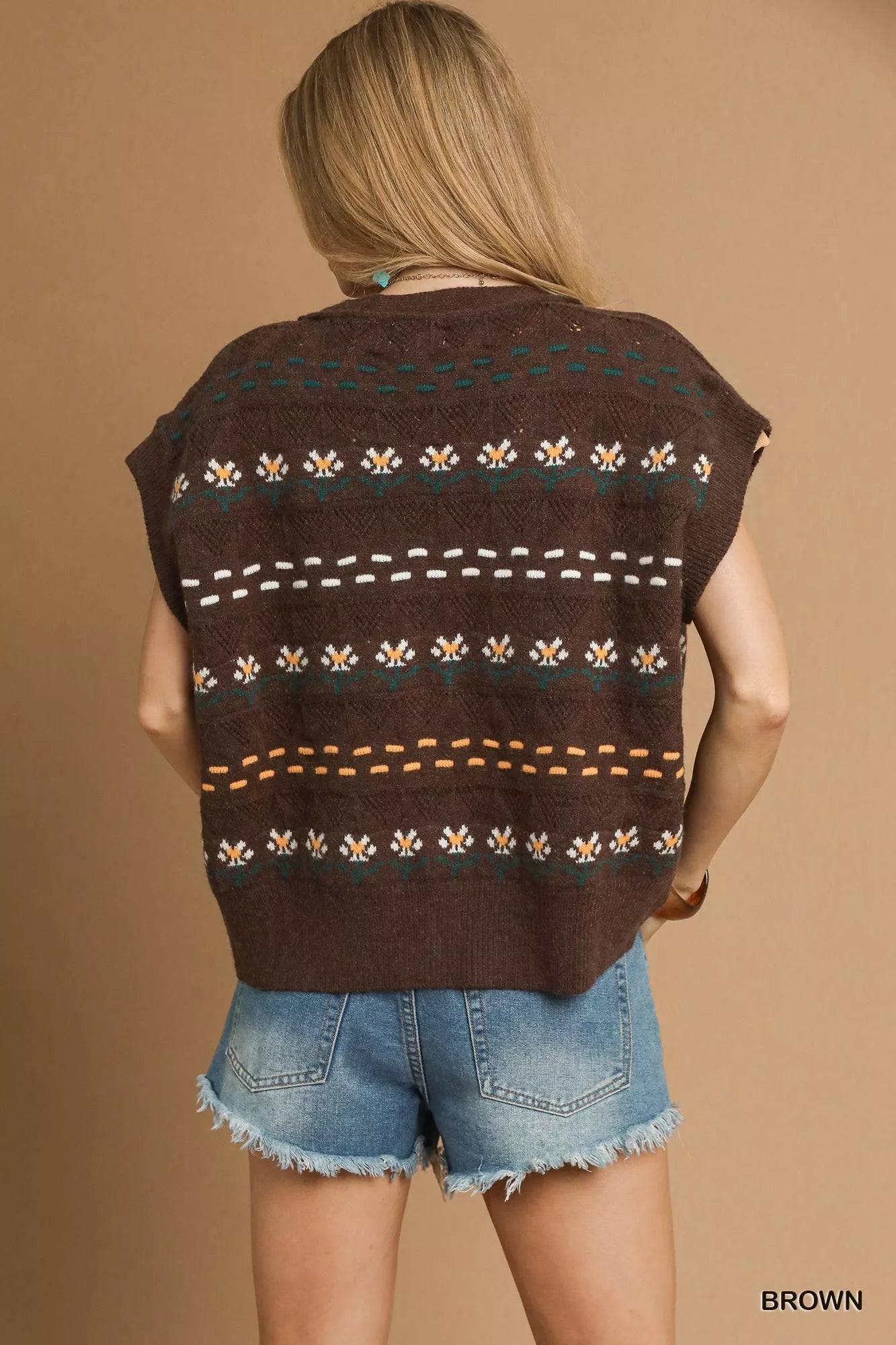 Umgee Umgee Button-Down Knit Vest with Floral Pattern