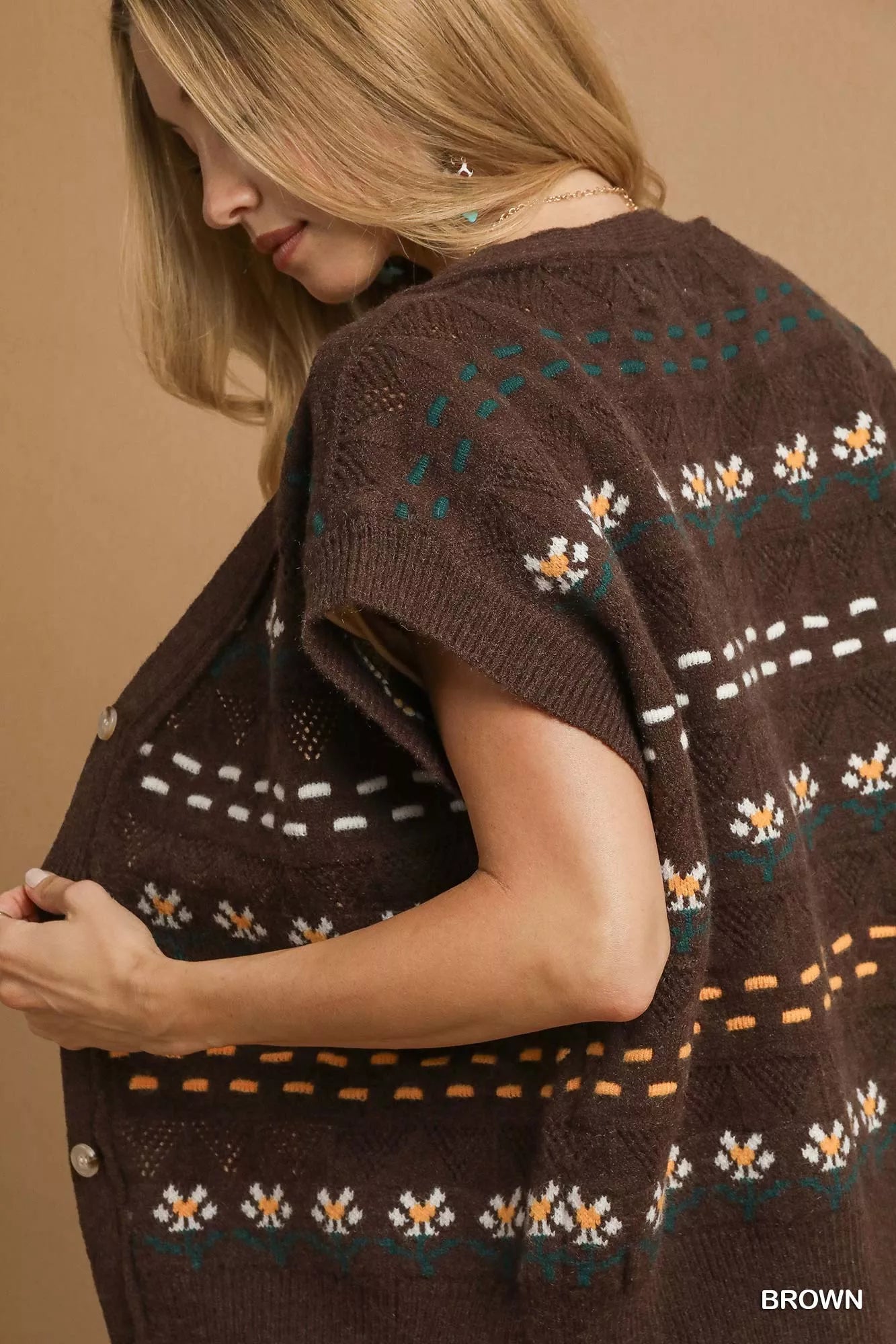 Umgee Umgee Button-Down Knit Vest with Floral Pattern