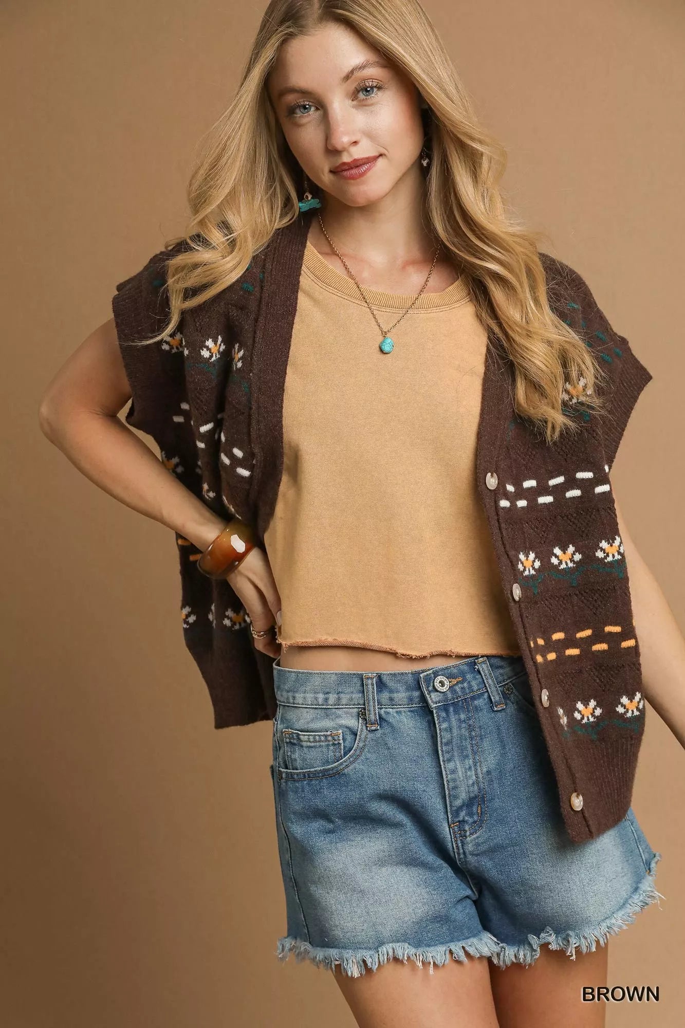 Umgee Umgee Button-Down Knit Vest with Floral Pattern