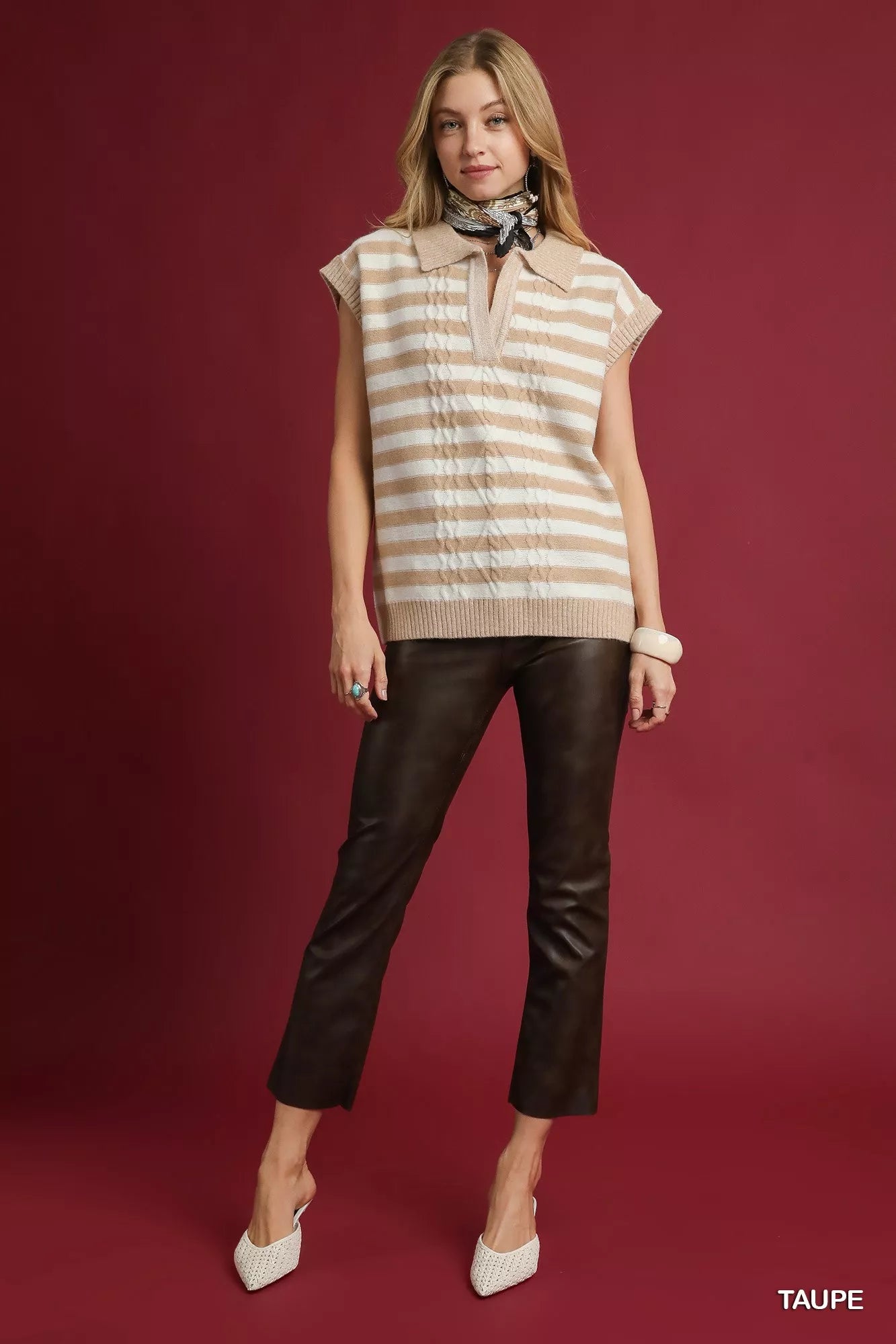 Umgee Umgee Cable Knit Collared Striped Vest Sweater