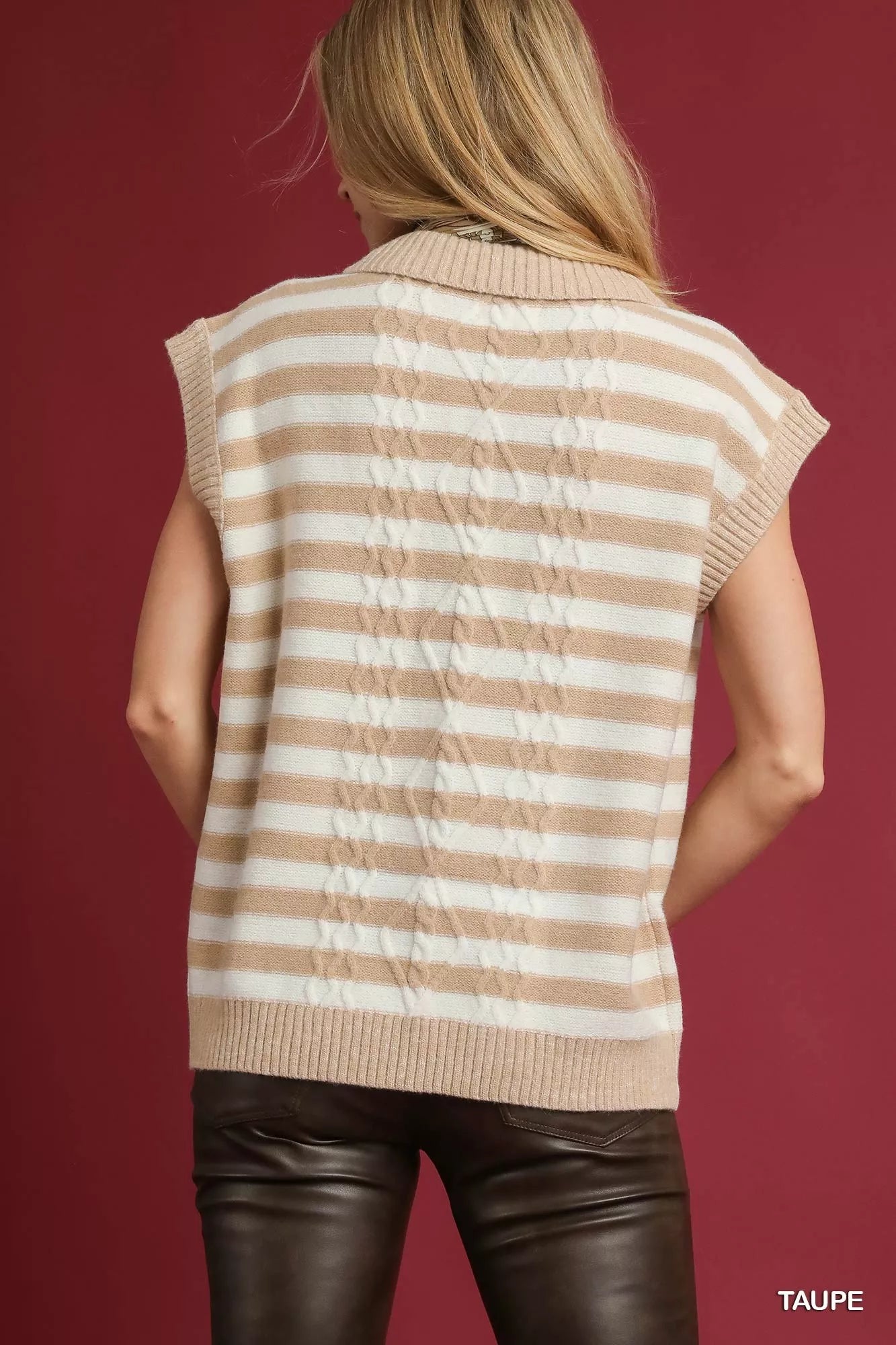 Umgee Umgee Cable Knit Collared Striped Vest Sweater