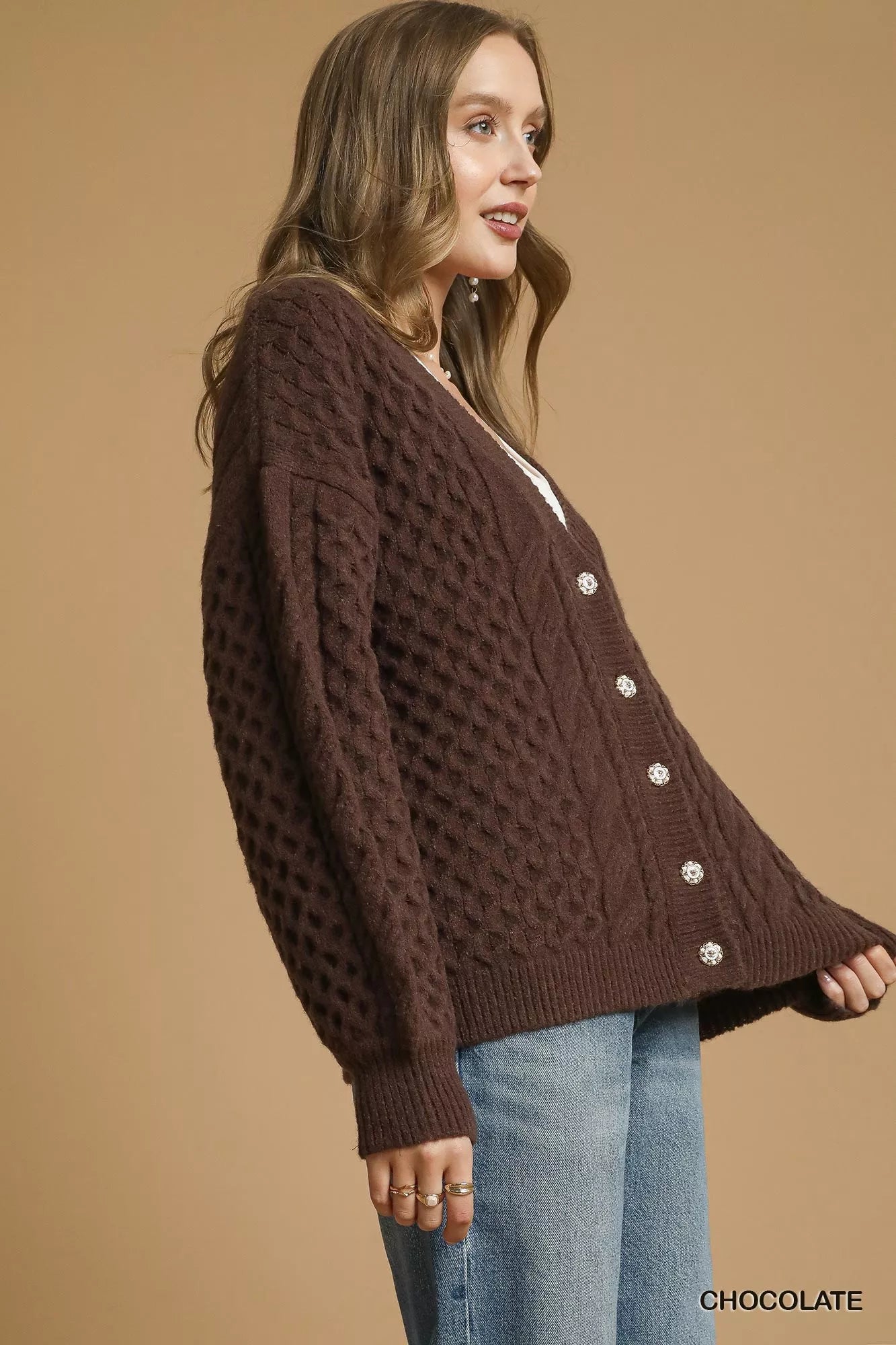 Umgee Umgee Cable Knit Pearl Button Cardigan