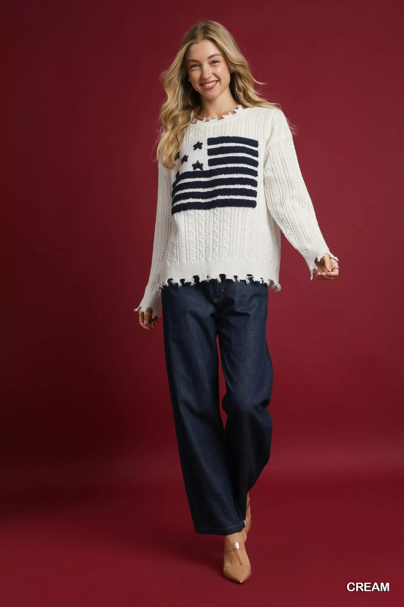 Umgee Umgee Distressed American Flag Sweater