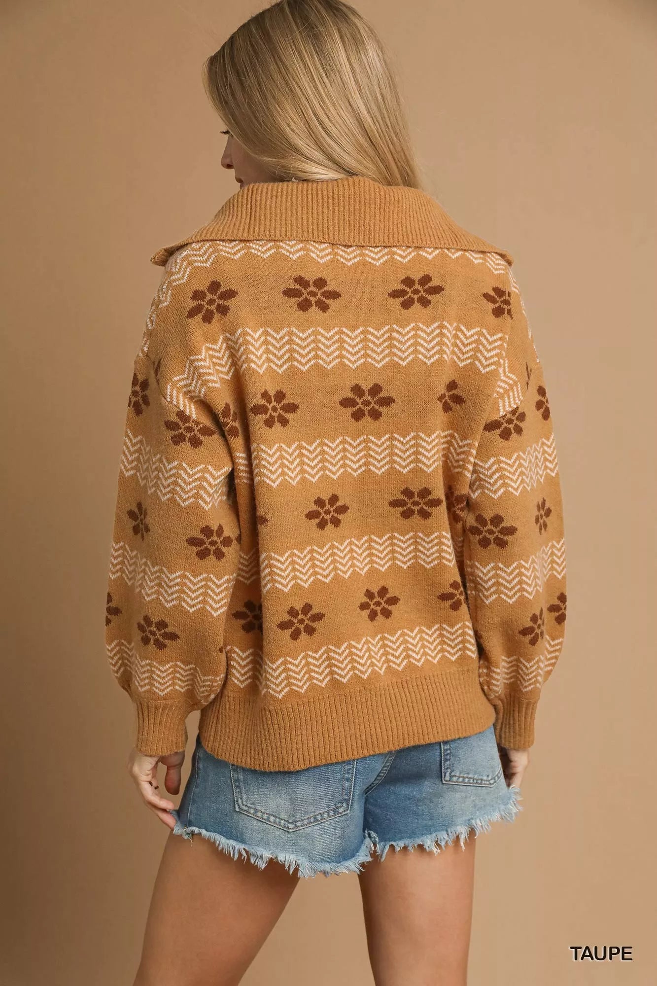 Umgee Umgee Floral Patterned Jacquard Quarter-Zip Pullover Sweater