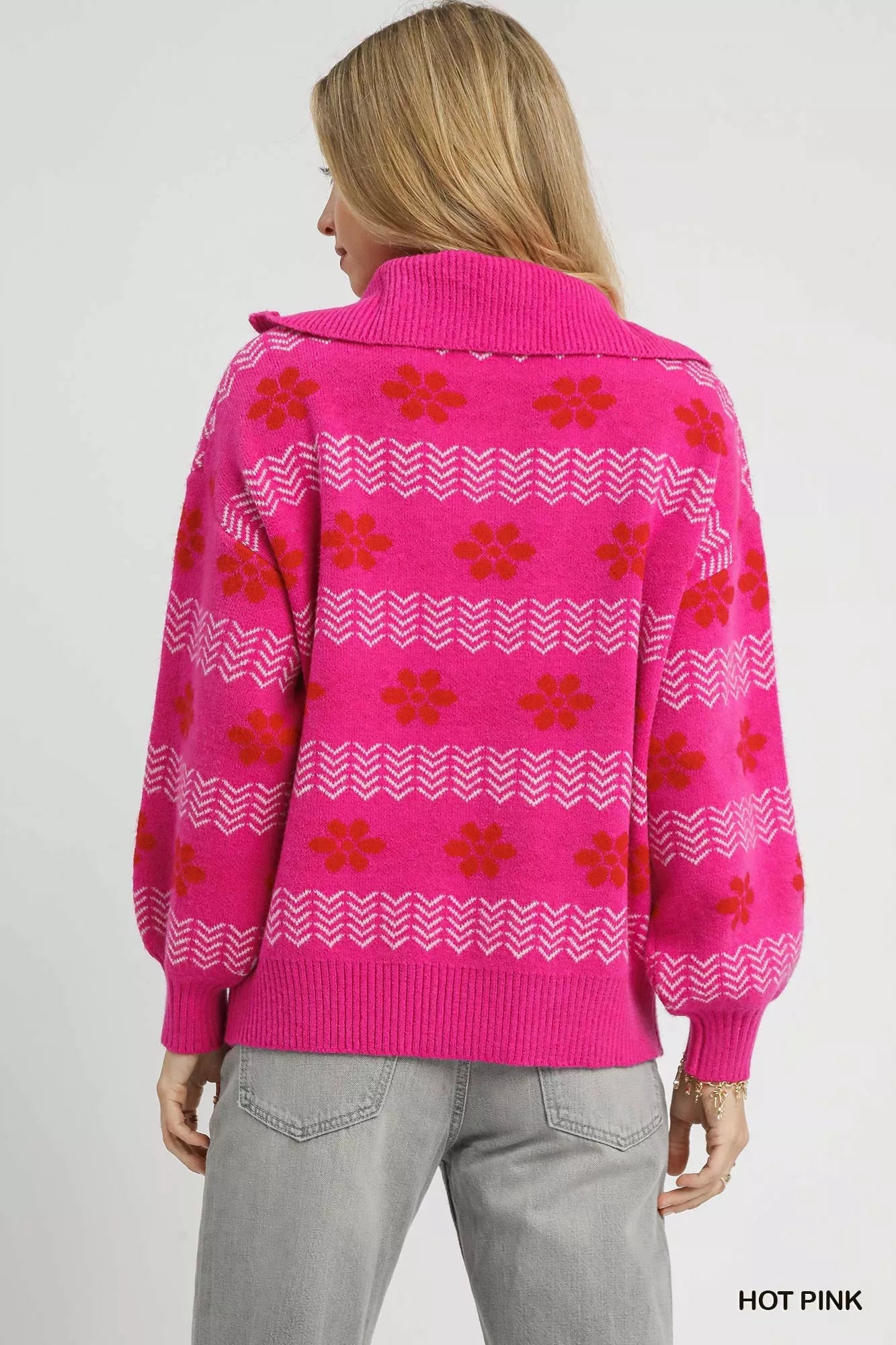 Umgee Umgee Floral Patterned Jacquard Quarter-Zip Pullover Sweater