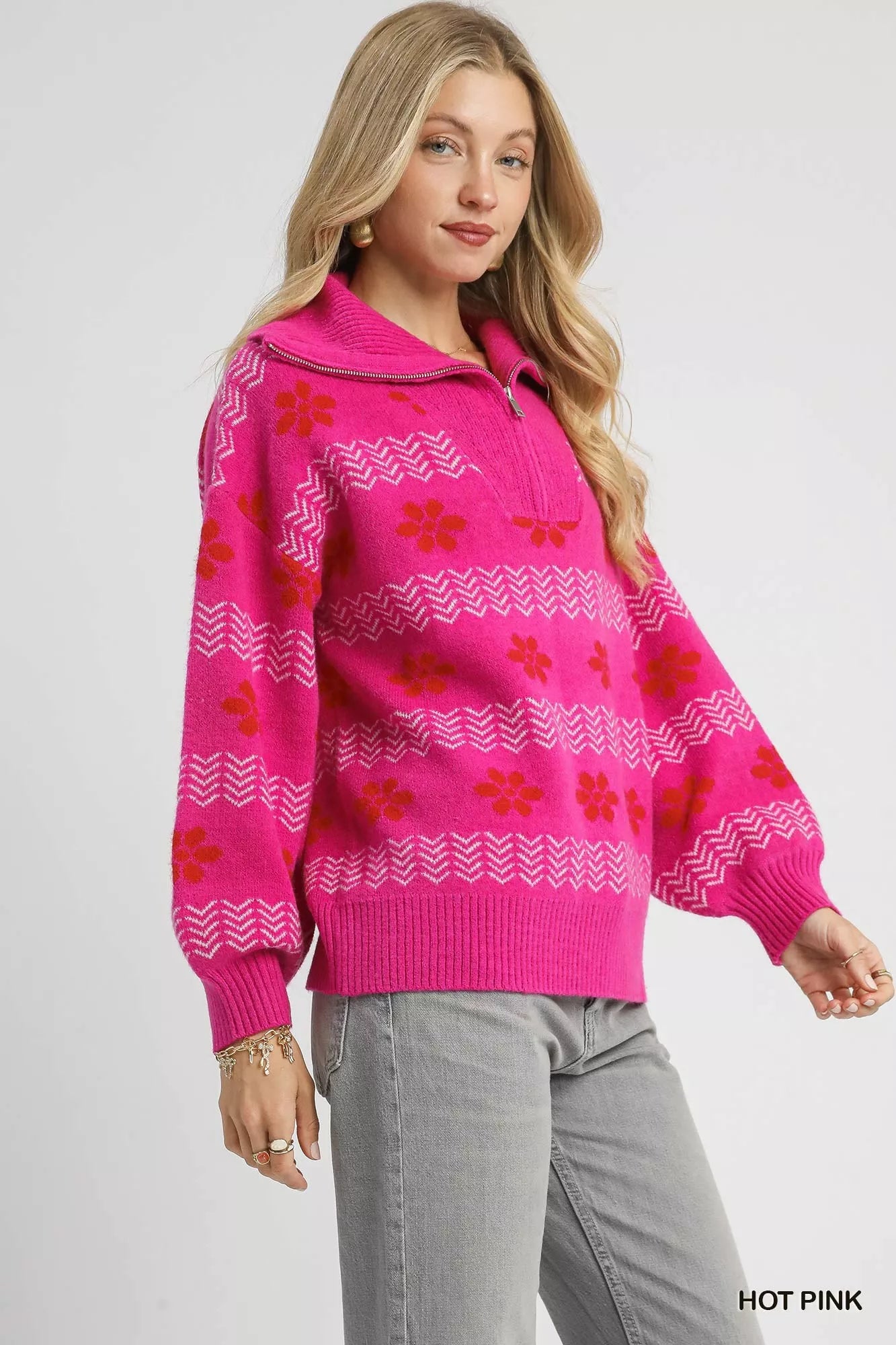 Umgee Umgee Floral Patterned Jacquard Quarter-Zip Pullover Sweater