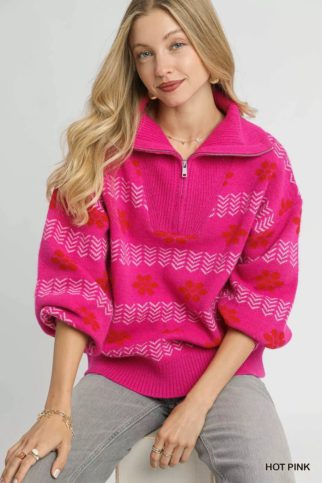 Umgee Umgee Floral Patterned Jacquard Quarter-Zip Pullover Sweater
