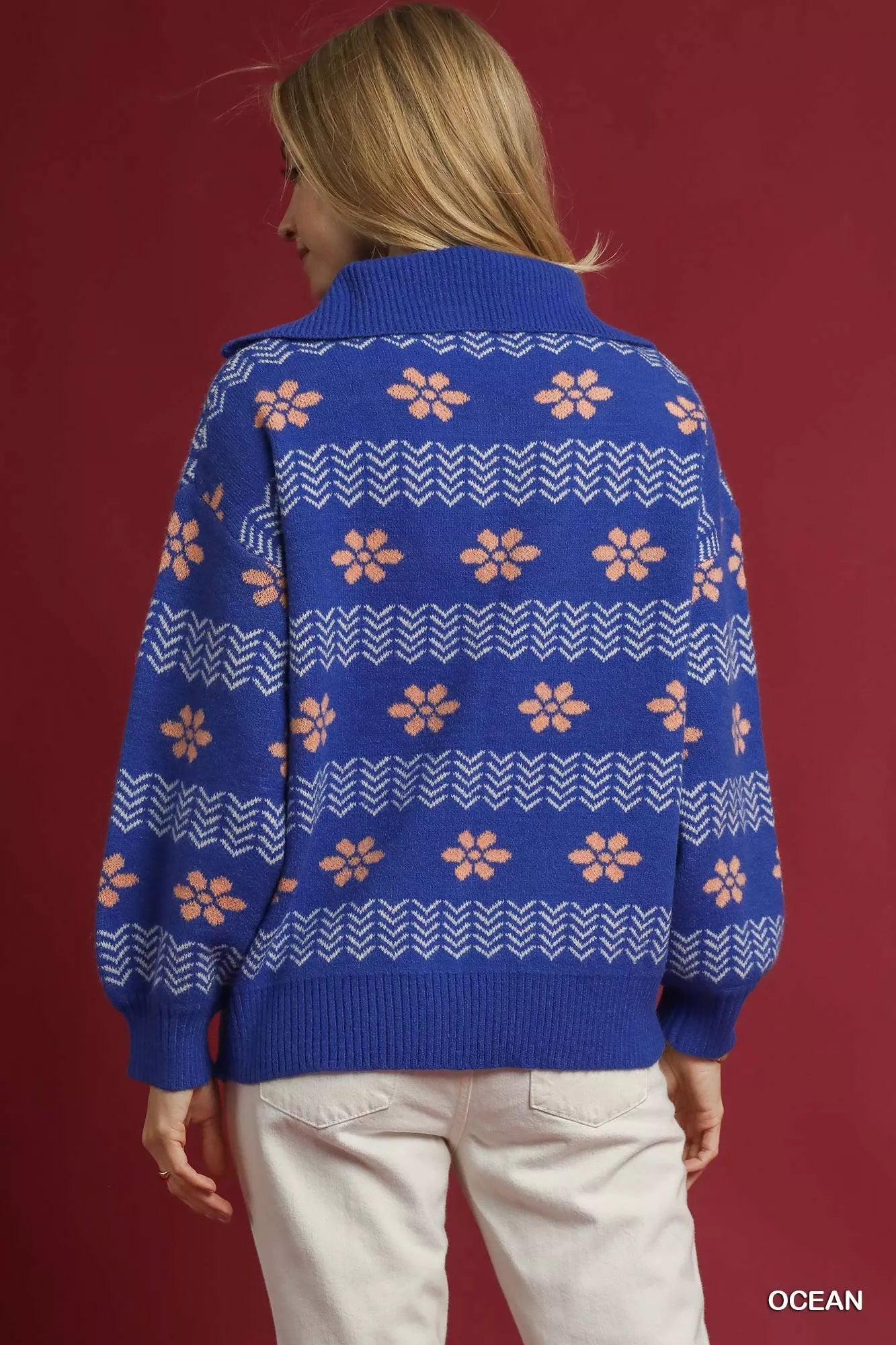 Umgee Umgee Floral Patterned Jacquard Quarter-Zip Pullover Sweater