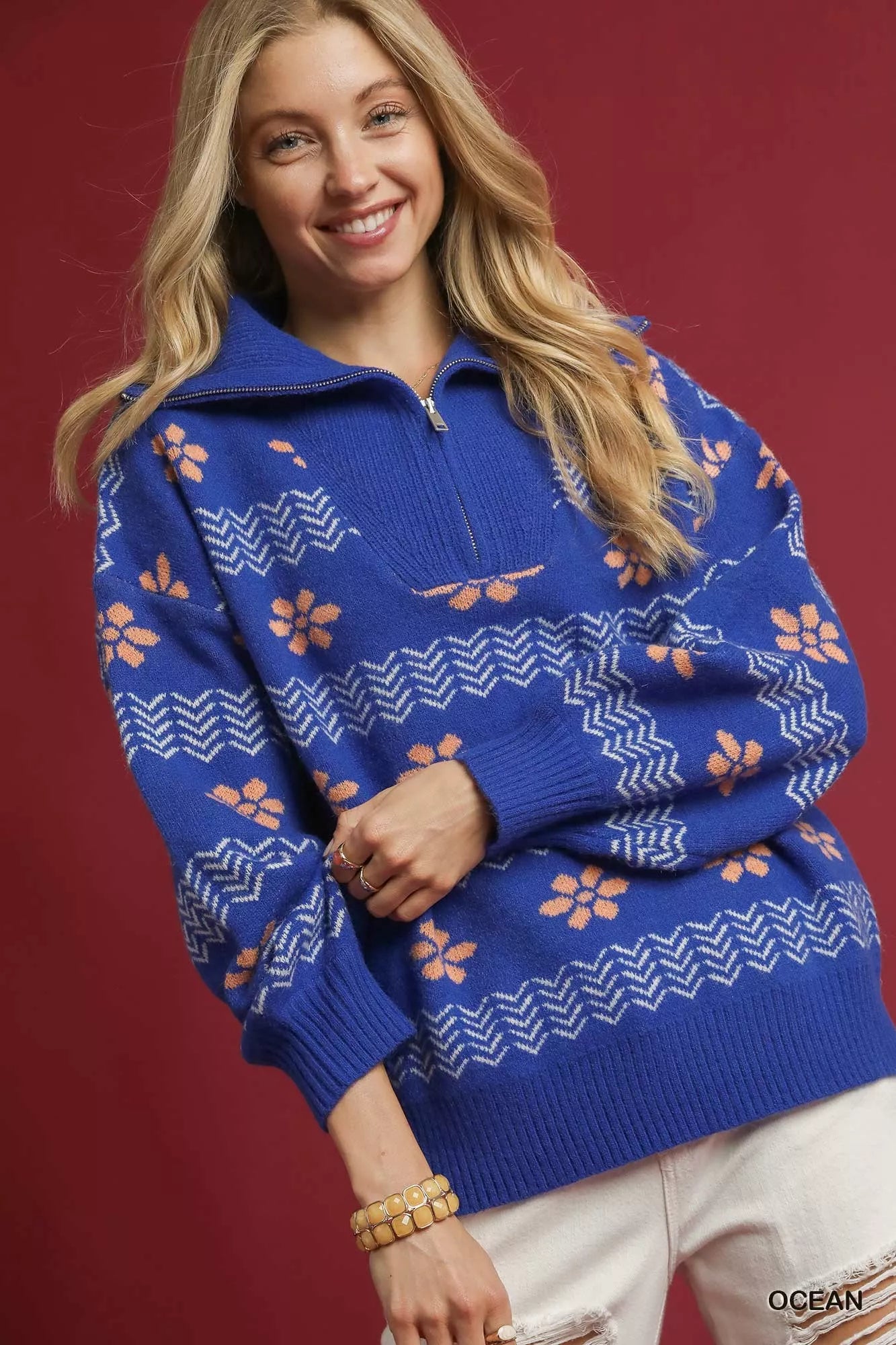 Umgee Umgee Floral Patterned Jacquard Quarter-Zip Pullover Sweater