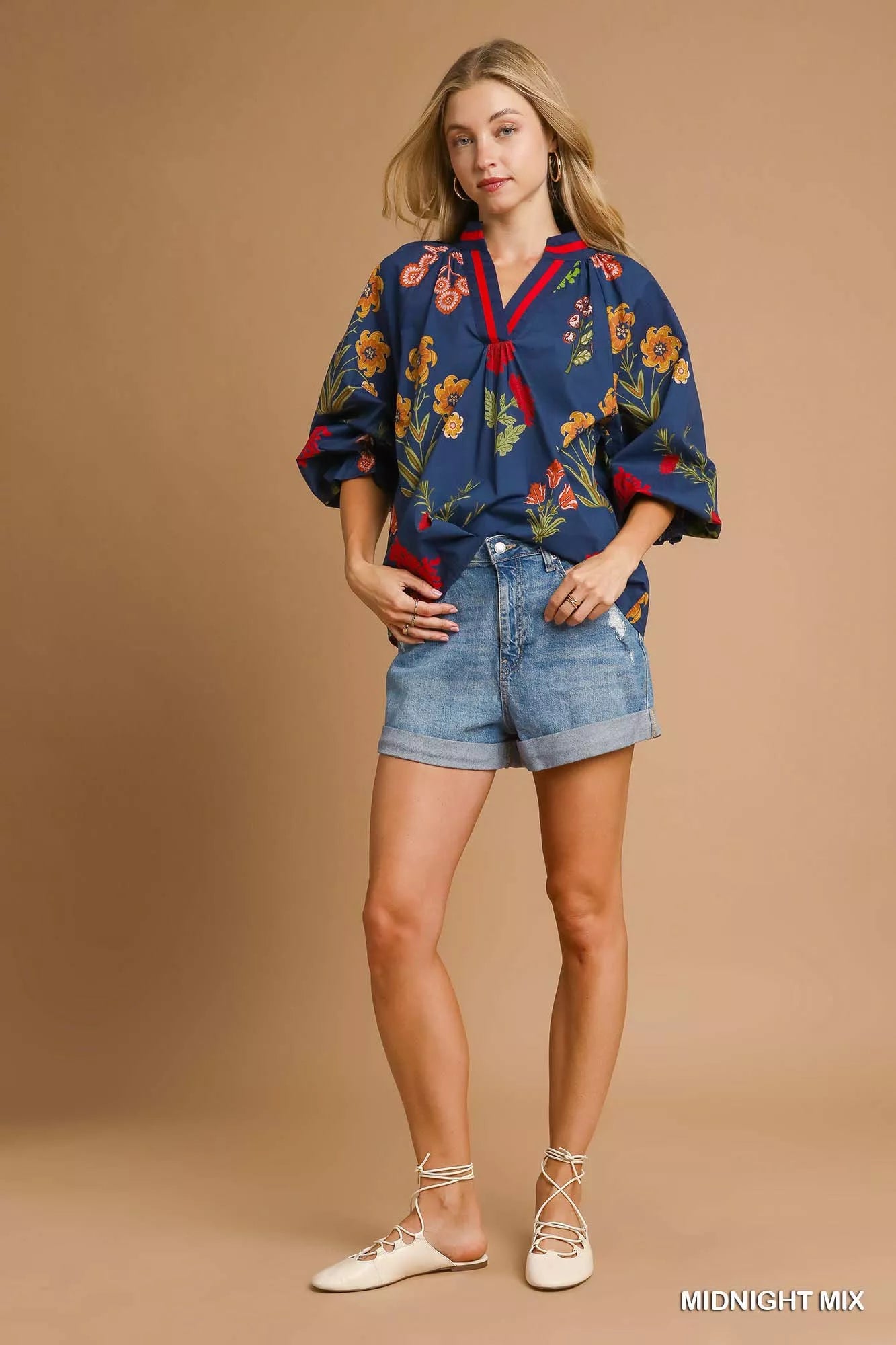 Umgee Umgee Floral Print Flounce Sleeve Blouse