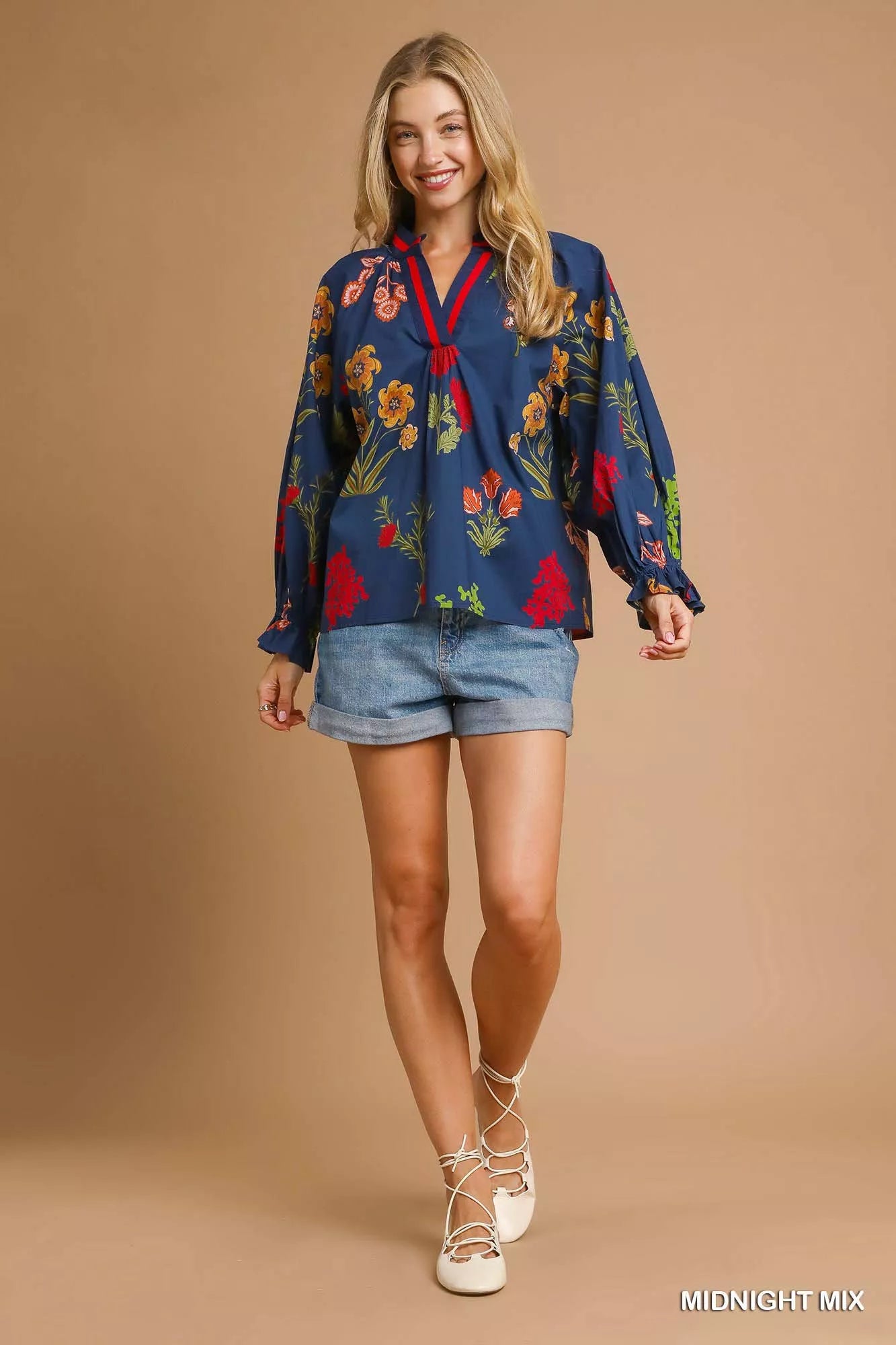 Umgee Umgee Floral Print Flounce Sleeve Blouse