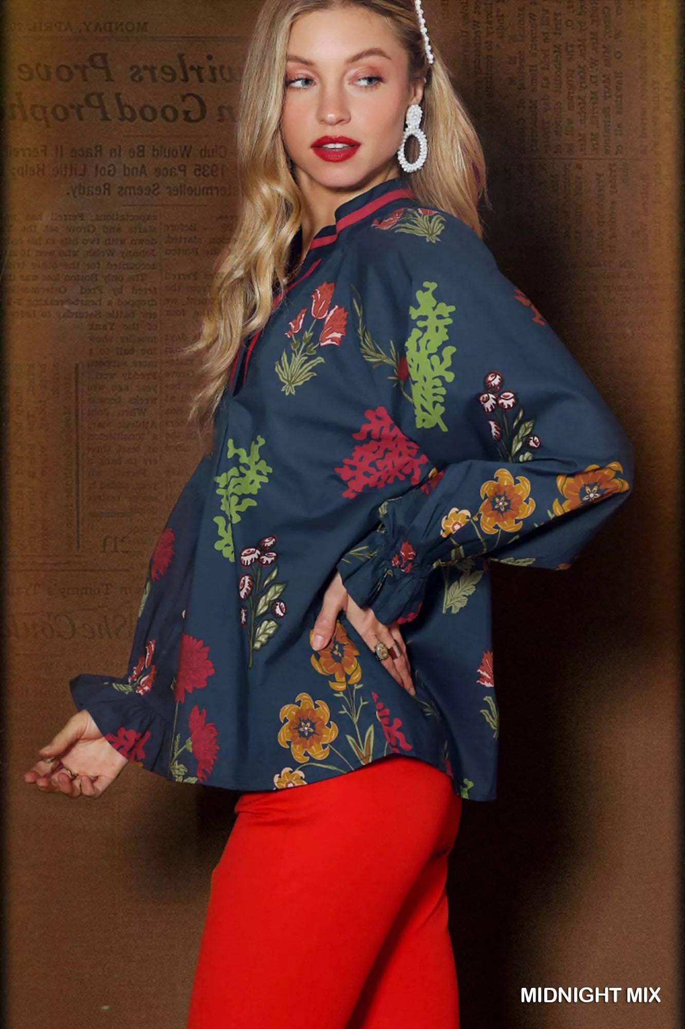 Umgee Umgee Floral Print Flounce Sleeve Blouse