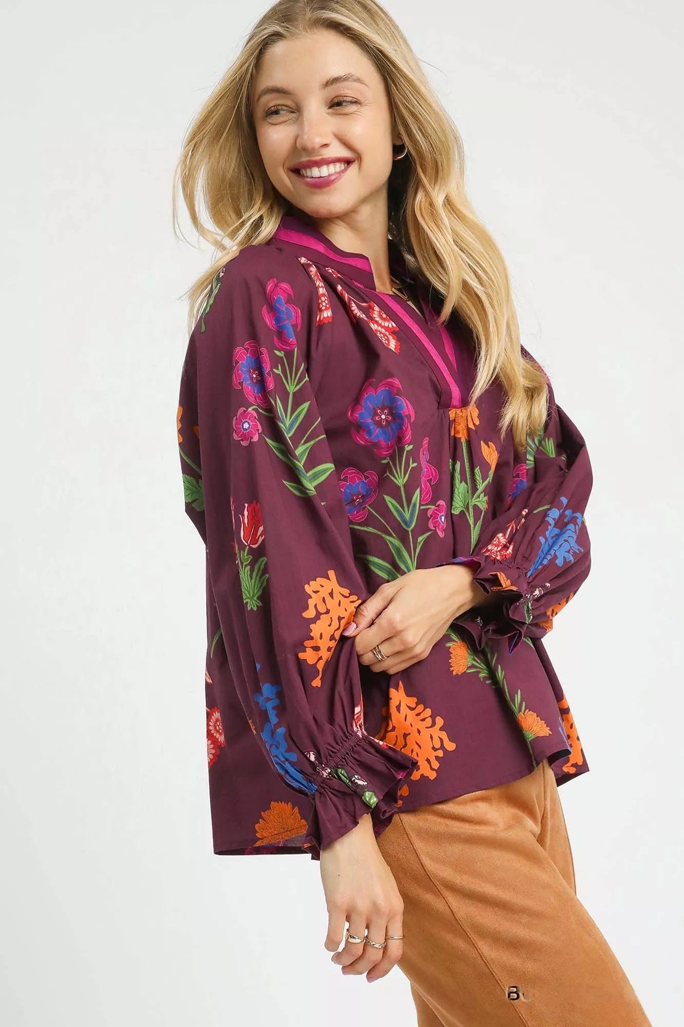 Umgee Umgee Floral Print Flounce Sleeve Blouse