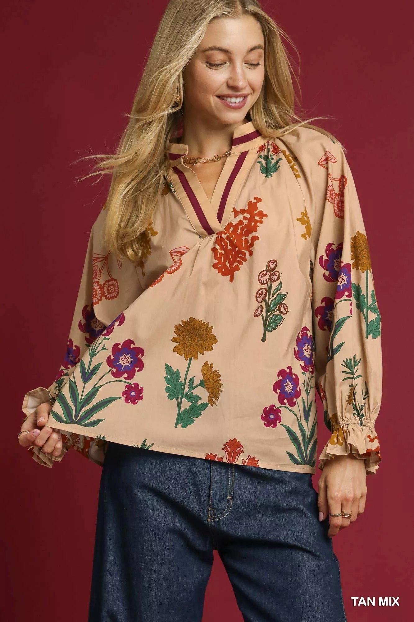 Umgee Umgee Floral Print Flounce Sleeve Blouse