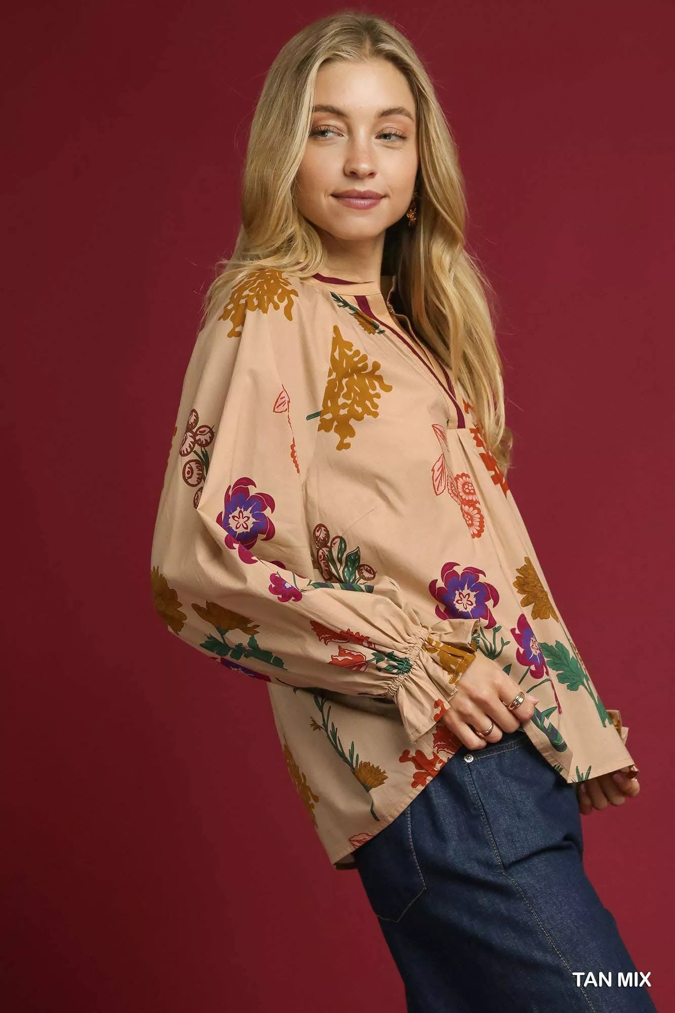 Umgee Umgee Floral Print Flounce Sleeve Blouse