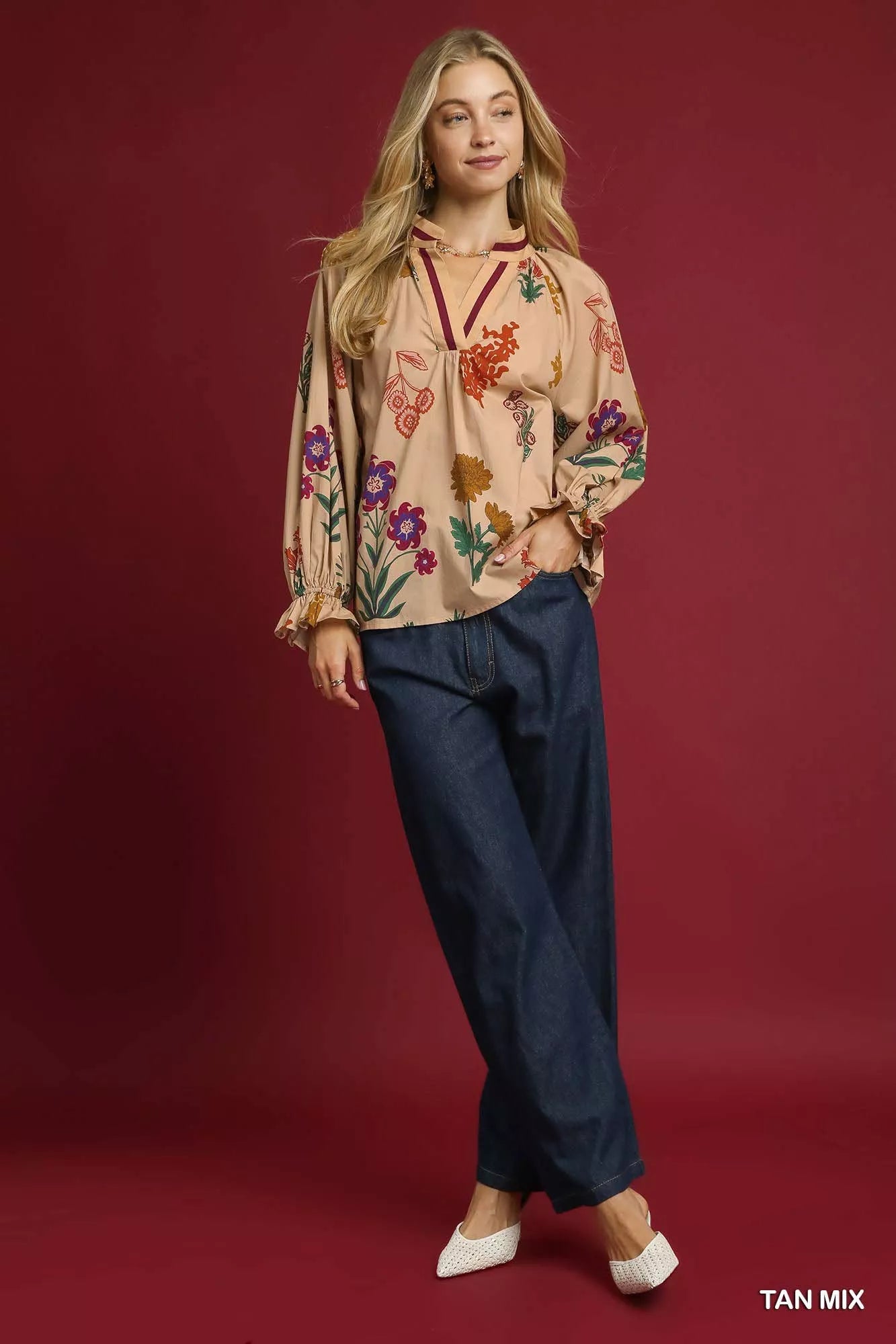 Umgee Umgee Floral Print Flounce Sleeve Blouse