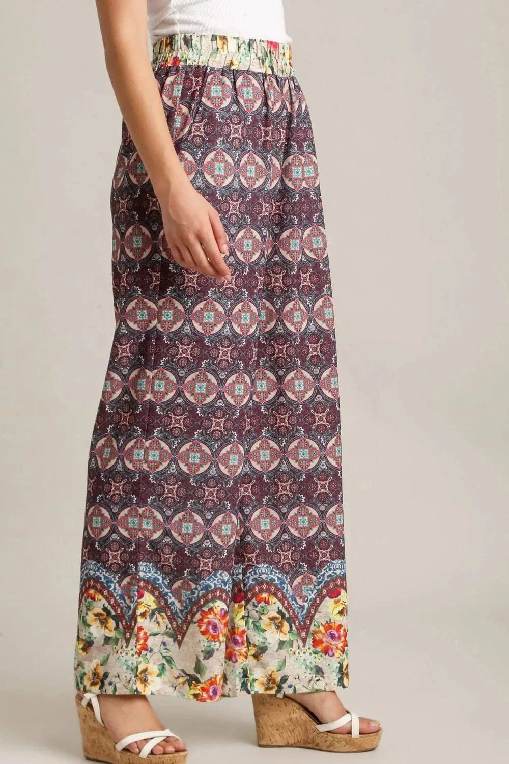 Umgee Umgee Full Size Mixed Print Elastic Waistband Pants Plus Size