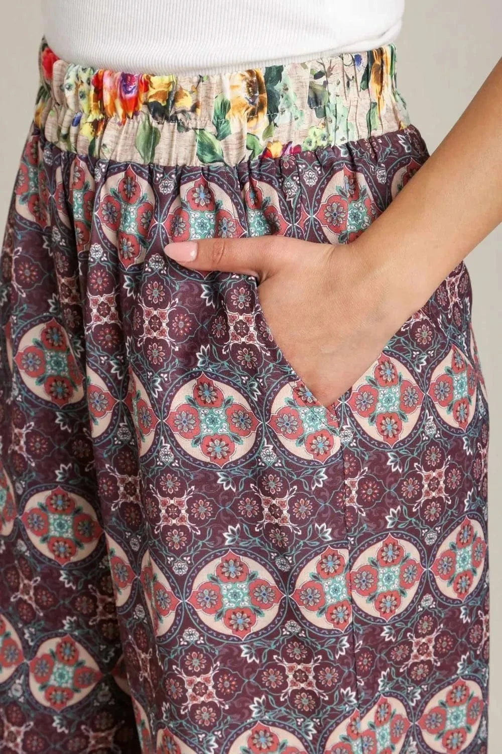 Umgee Umgee Full Size Mixed Print Elastic Waistband Pants Plus Size