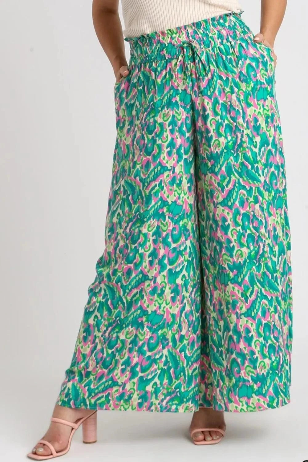 Umgee Umgee Full Size Mixed Print High Waist Wide Leg Pants Plus Size