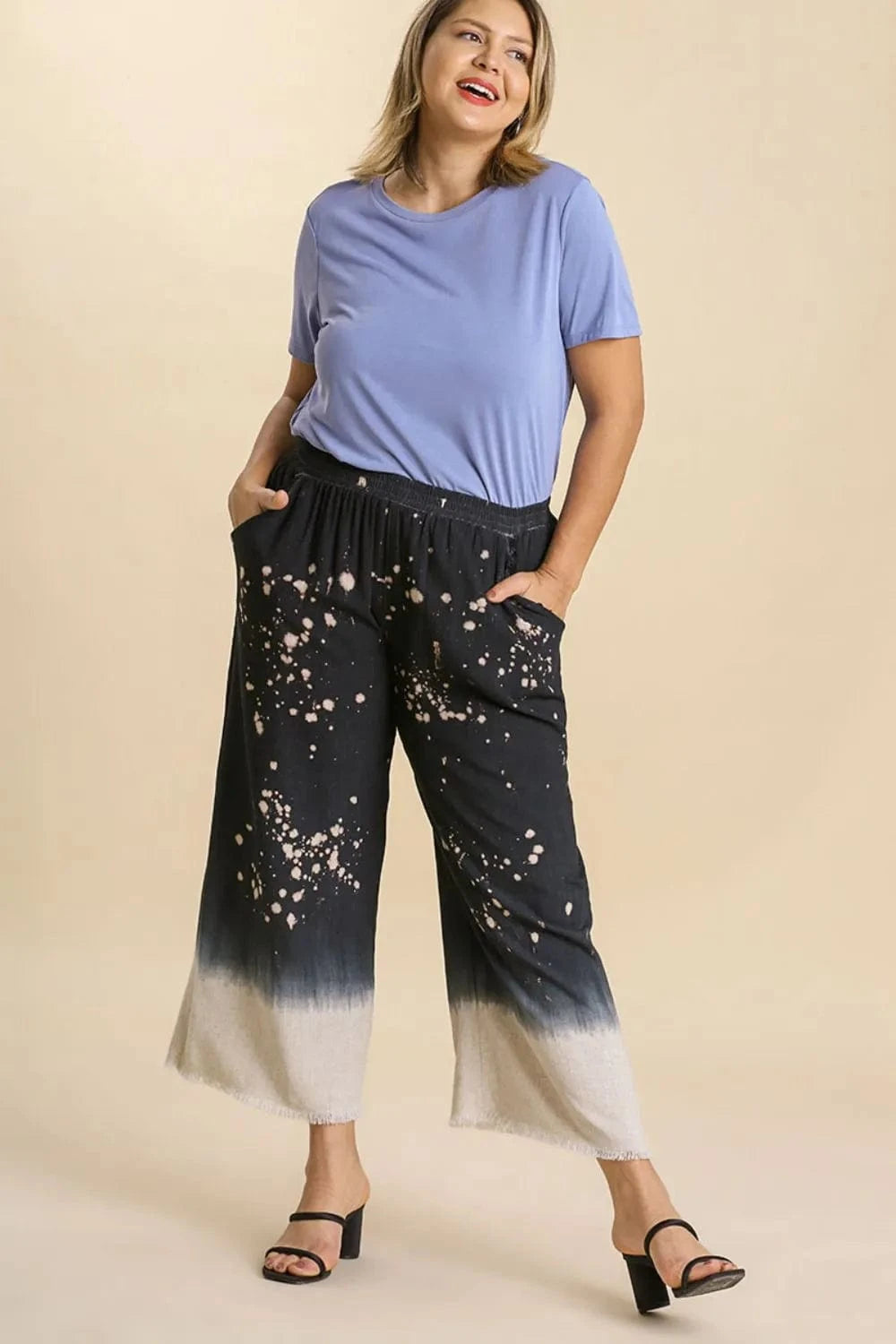 Umgee Umgee Full Size Raw Hem Linen Blend Bleach Dip Dye Wide Leg Pants Plus Size