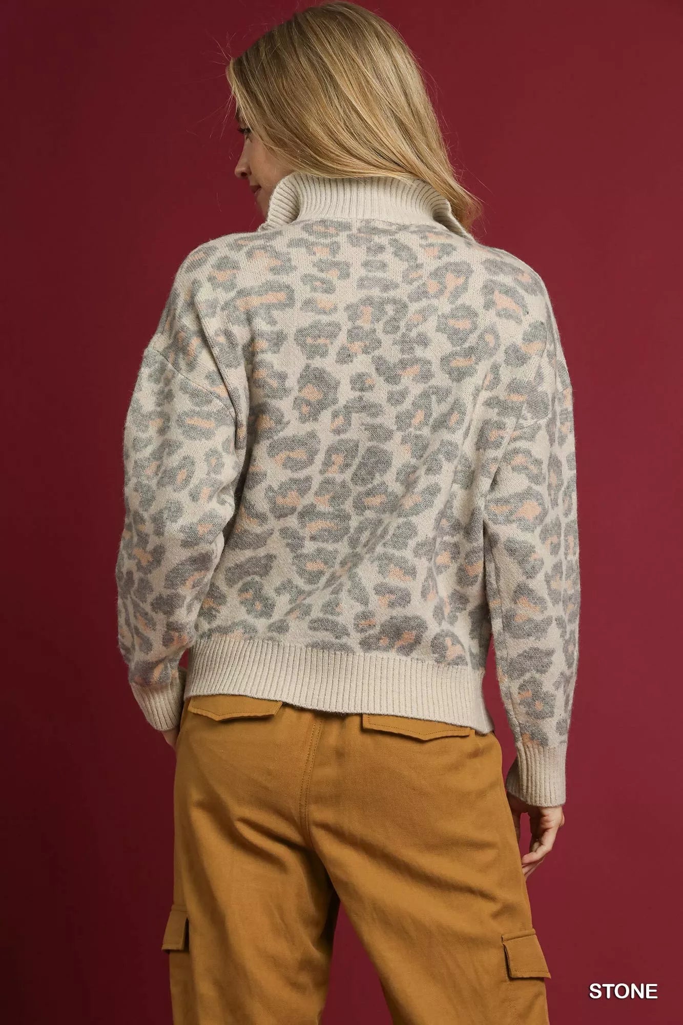 Umgee Umgee Leopard Print Quarter-Zip Knit Sweater