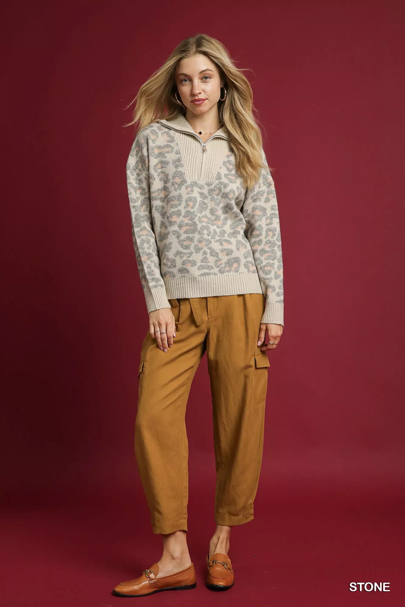 Umgee Umgee Leopard Print Quarter-Zip Knit Sweater