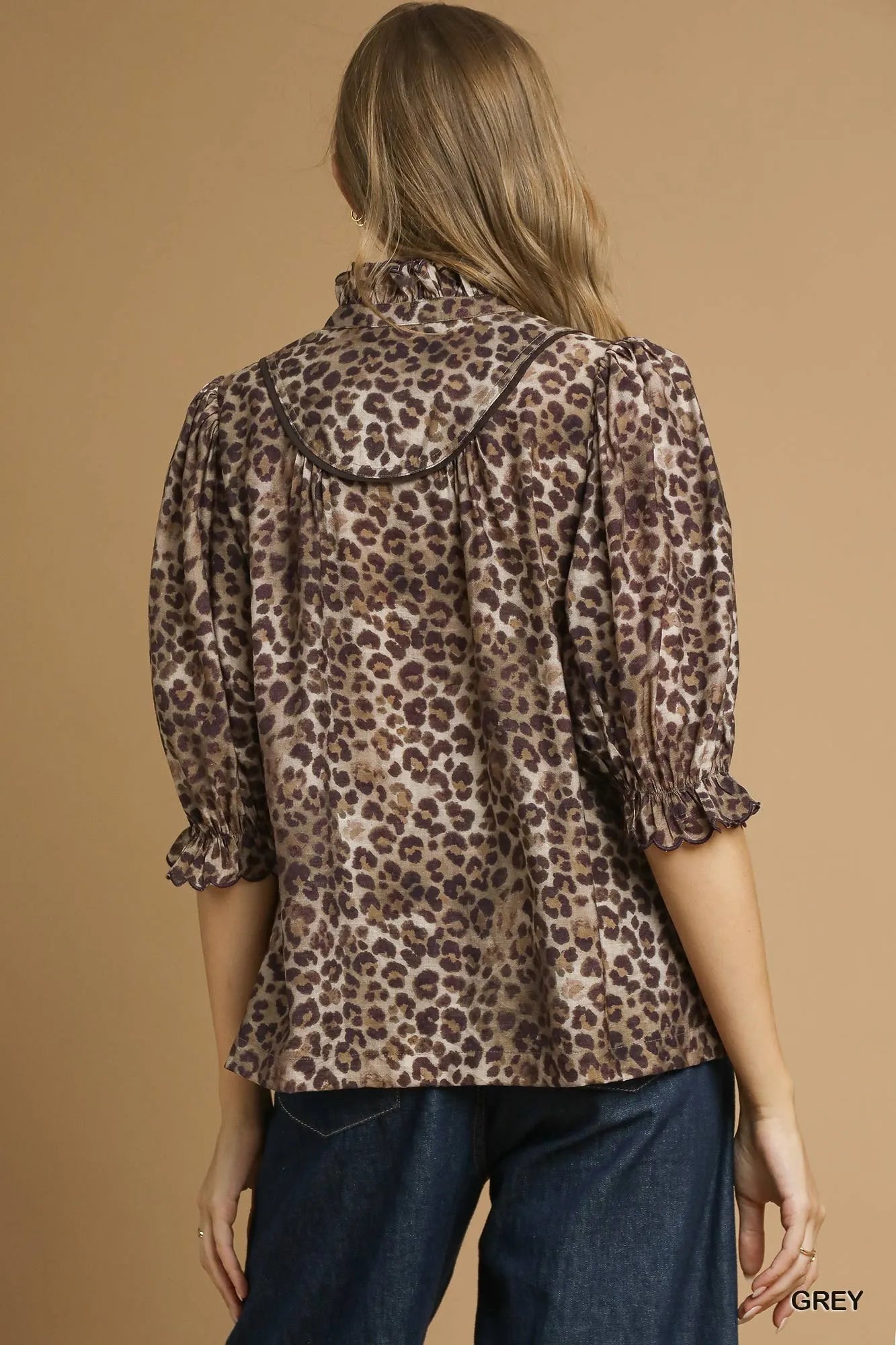 Umgee Umgee Leopard Print Ruffle Neck Blouse