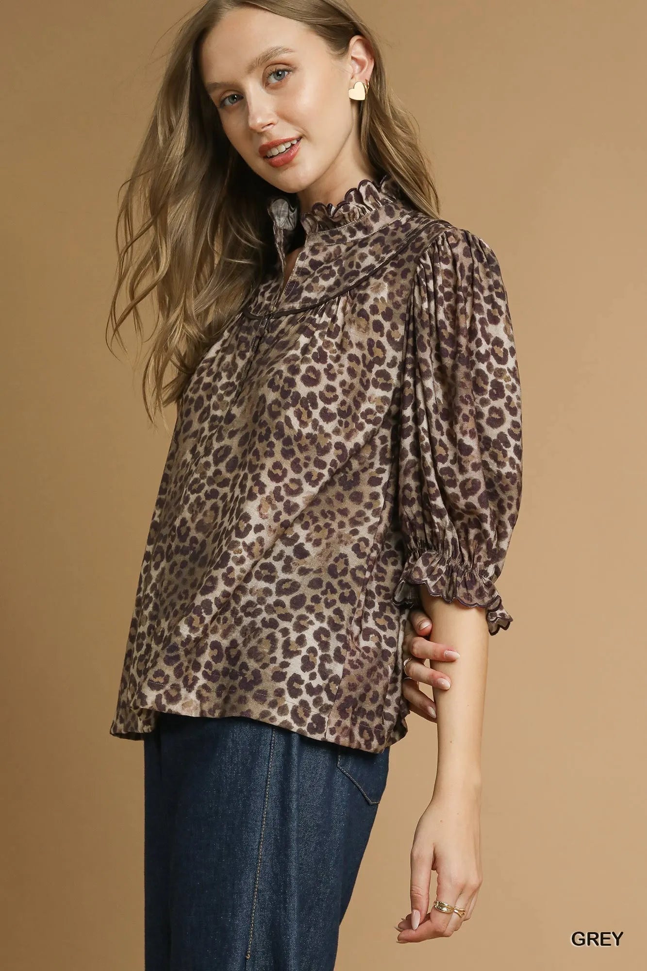 Umgee Umgee Leopard Print Ruffle Neck Blouse