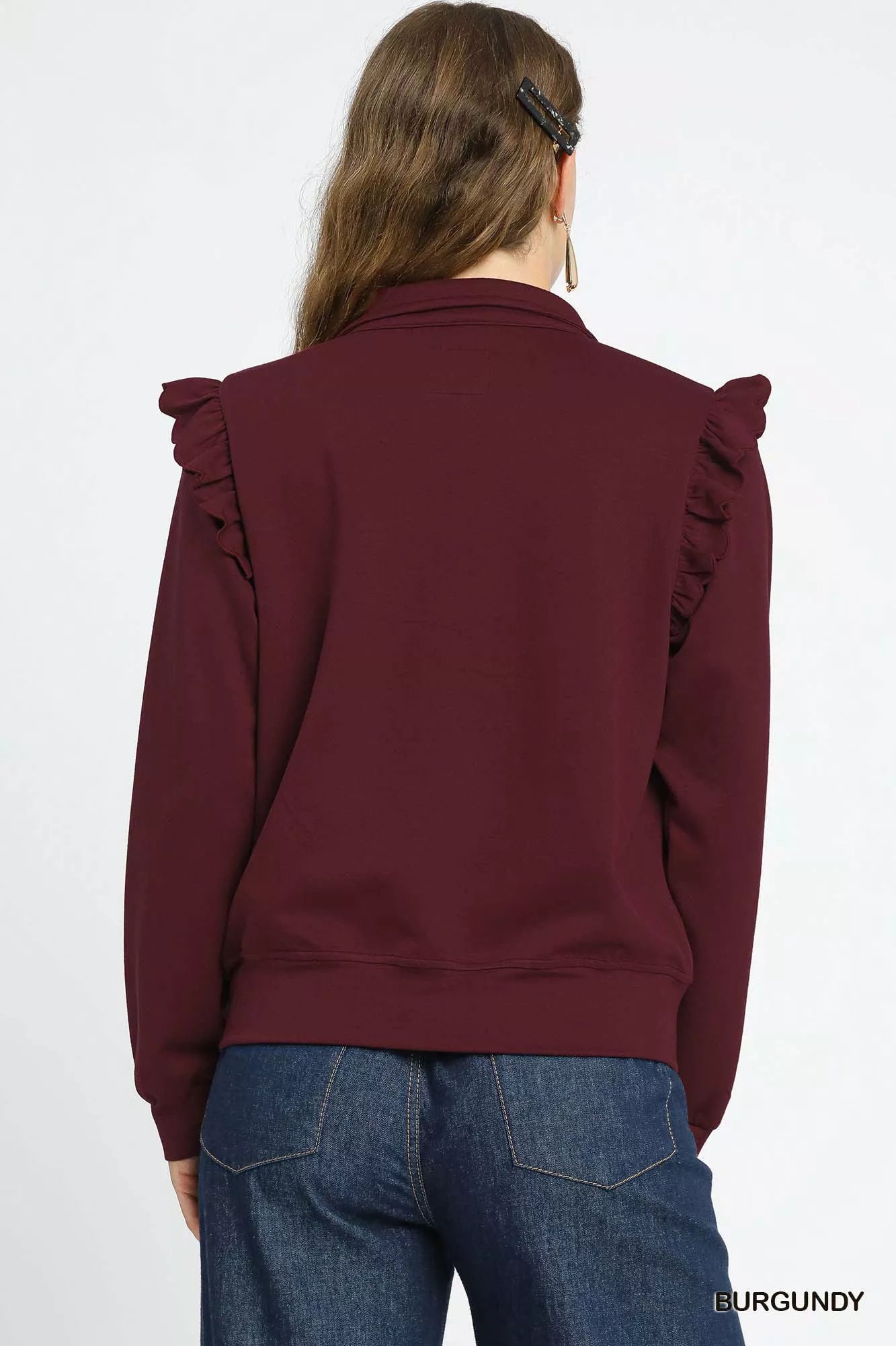 Umgee Umgee Luxeknit Ruffle Shoulder Quarter-Zip Sweatshirt