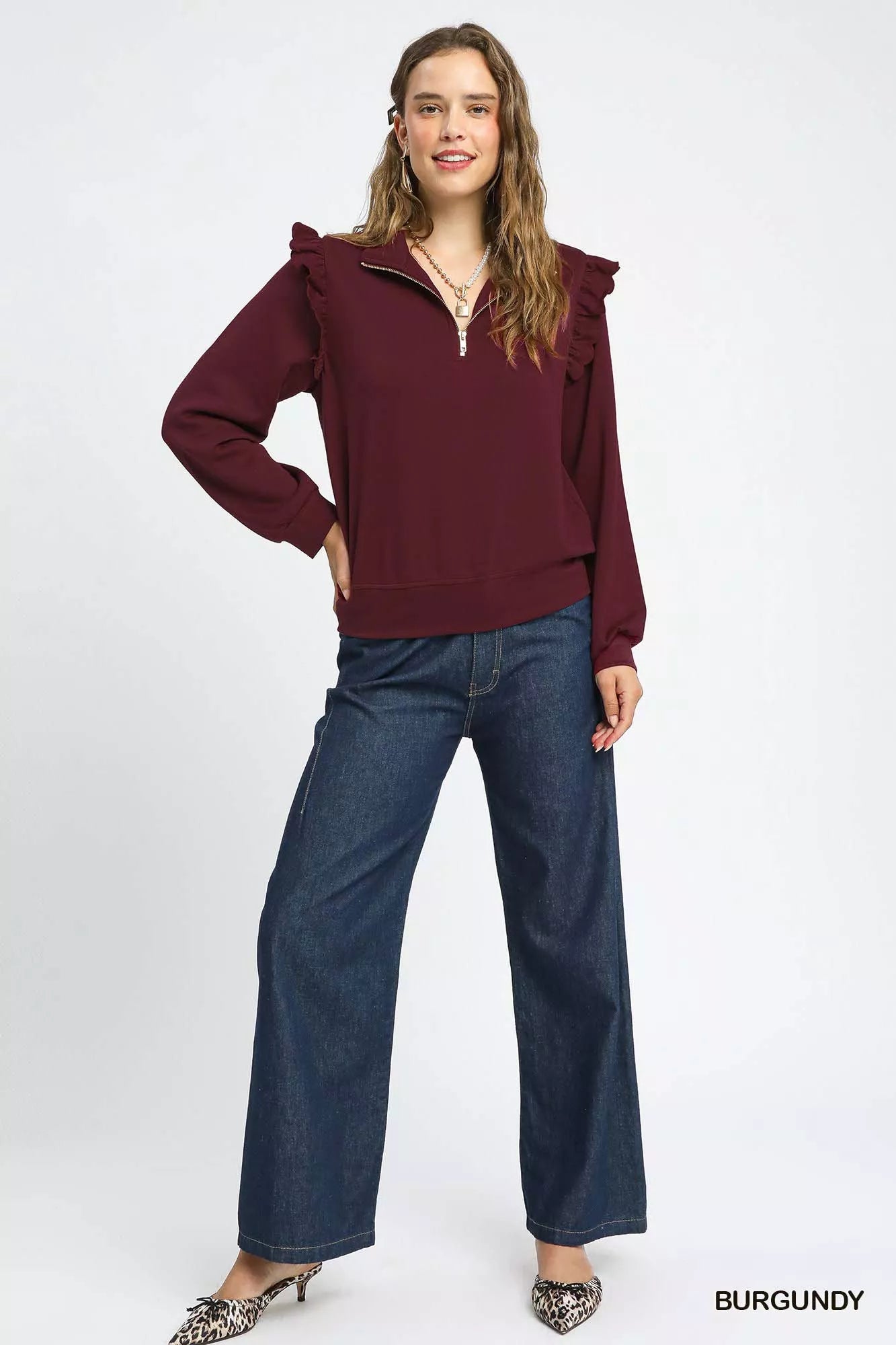 Umgee Umgee Luxeknit Ruffle Shoulder Quarter-Zip Sweatshirt