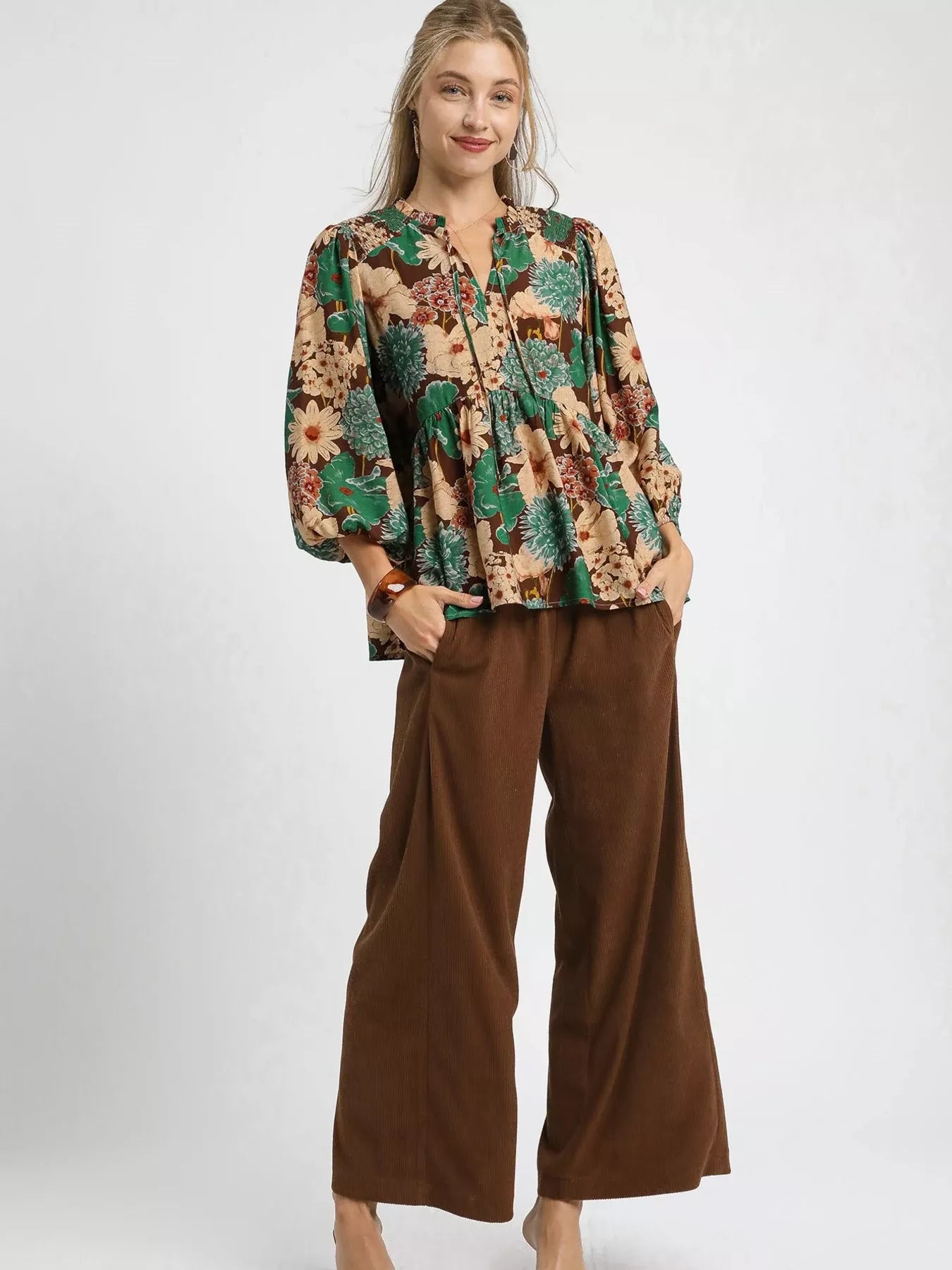 Umgee Umgee Mix Floral Peplum Blouse with Tie Neck