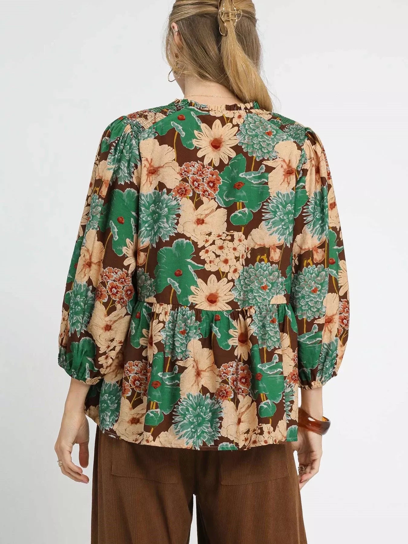 Umgee Umgee Mix Floral Peplum Blouse with Tie Neck