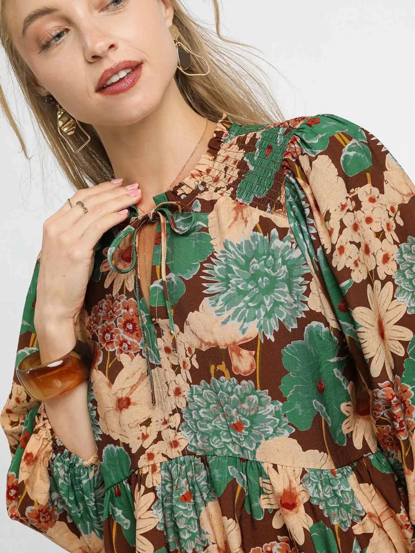 Umgee Umgee Mix Floral Peplum Blouse with Tie Neck
