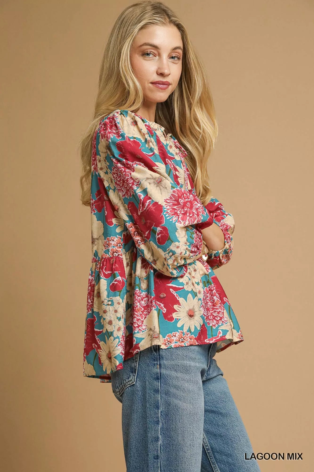 Umgee Umgee Mix Floral Peplum Blouse with Tie Neck