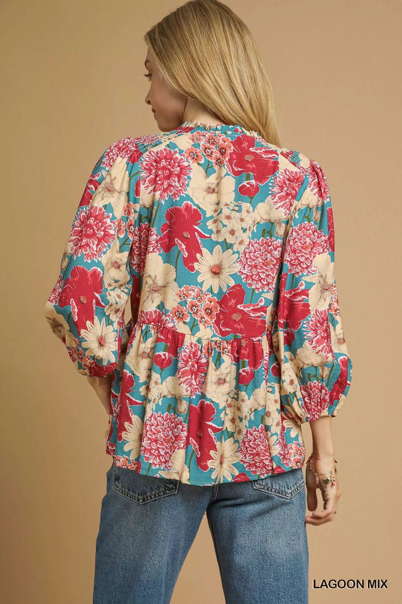 Umgee Umgee Mix Floral Peplum Blouse with Tie Neck