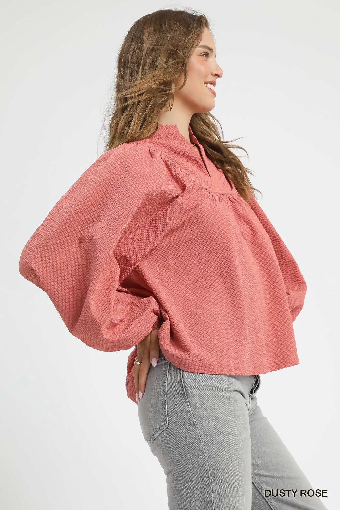 Umgee Umgee Textured Notched Blouse with Balloon Sleeves