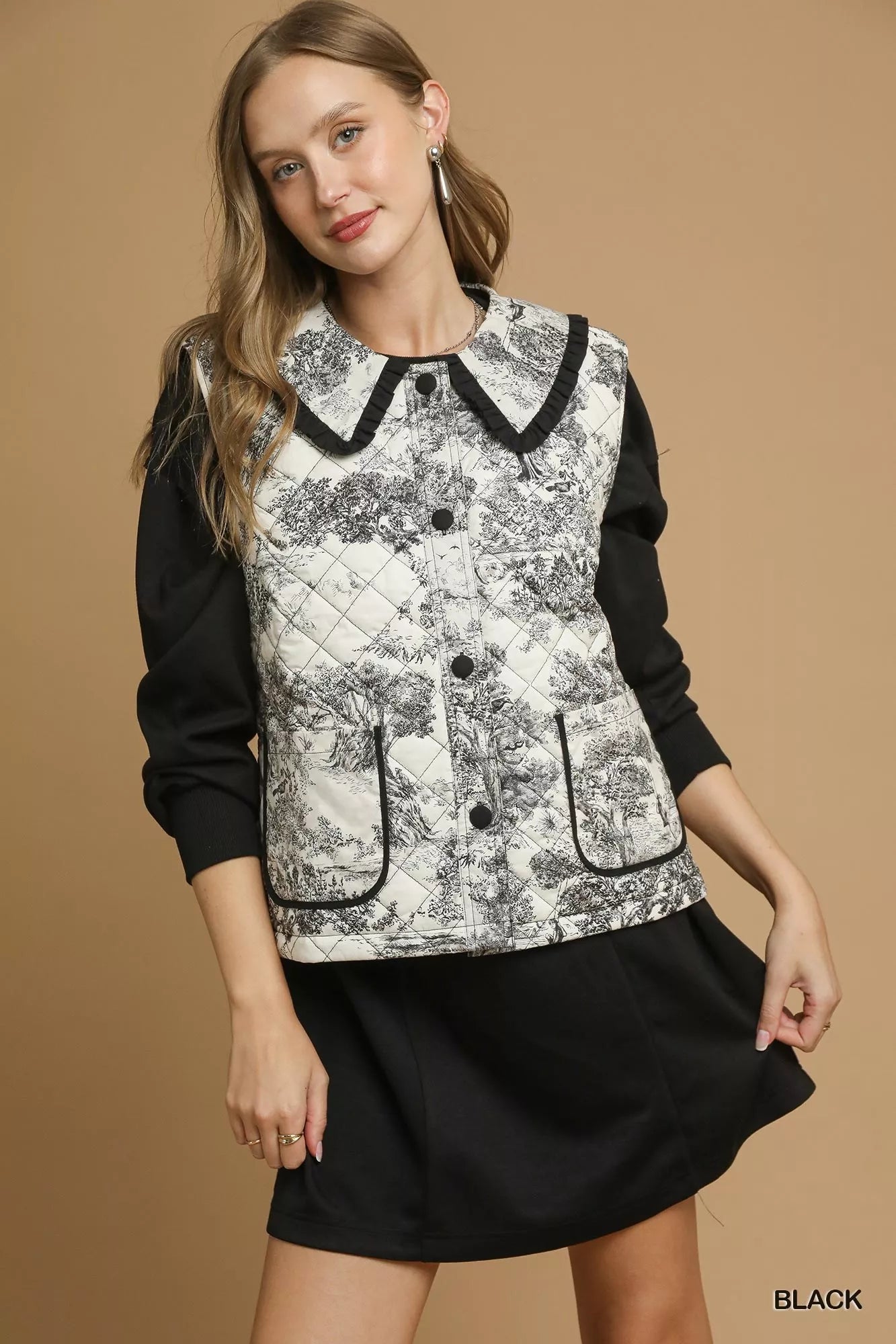 Umgee Umgee Toile Quilted Vest with Ruffle Collar