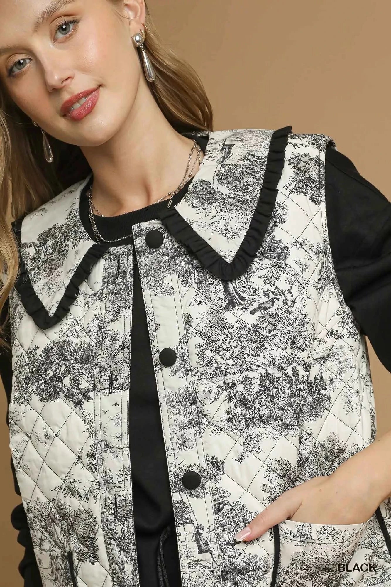 Umgee Umgee Toile Quilted Vest with Ruffle Collar