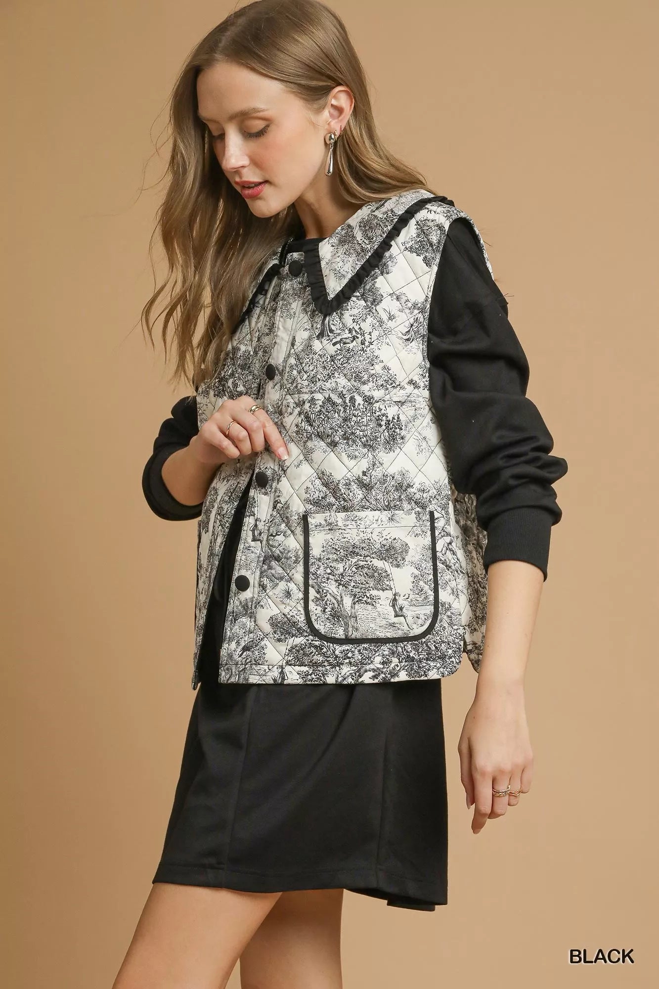Umgee Umgee Toile Quilted Vest with Ruffle Collar