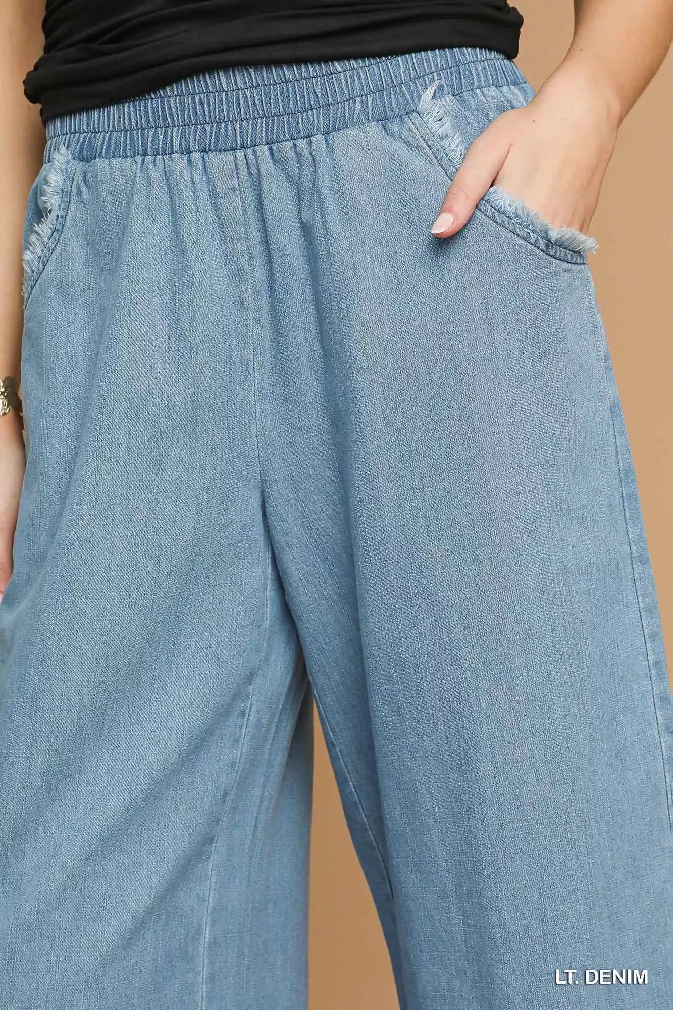 Umgee Umgee Washed Fringe Hem Wide Leg Jeans