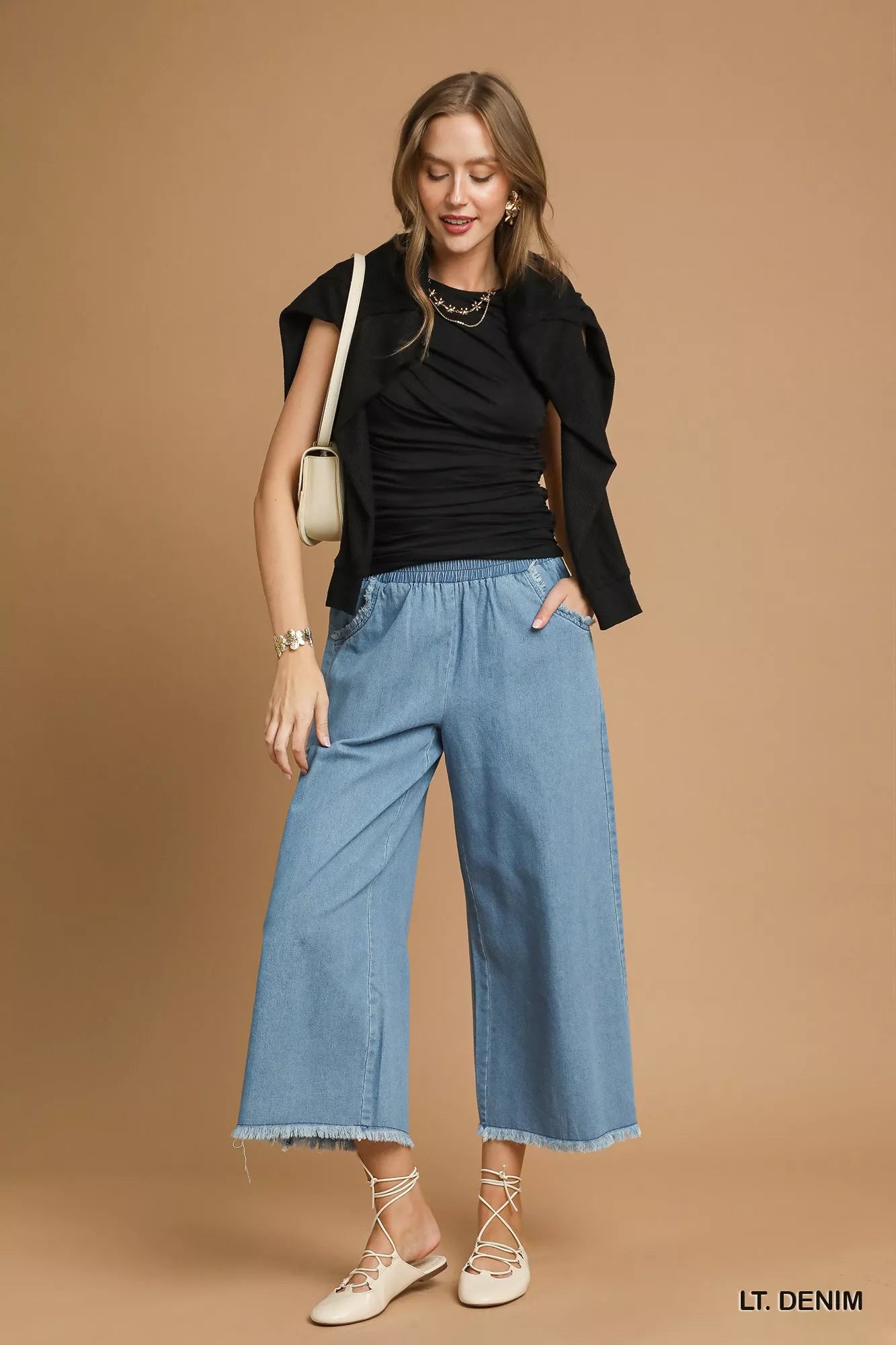 Umgee Umgee Washed Fringe Hem Wide Leg Jeans