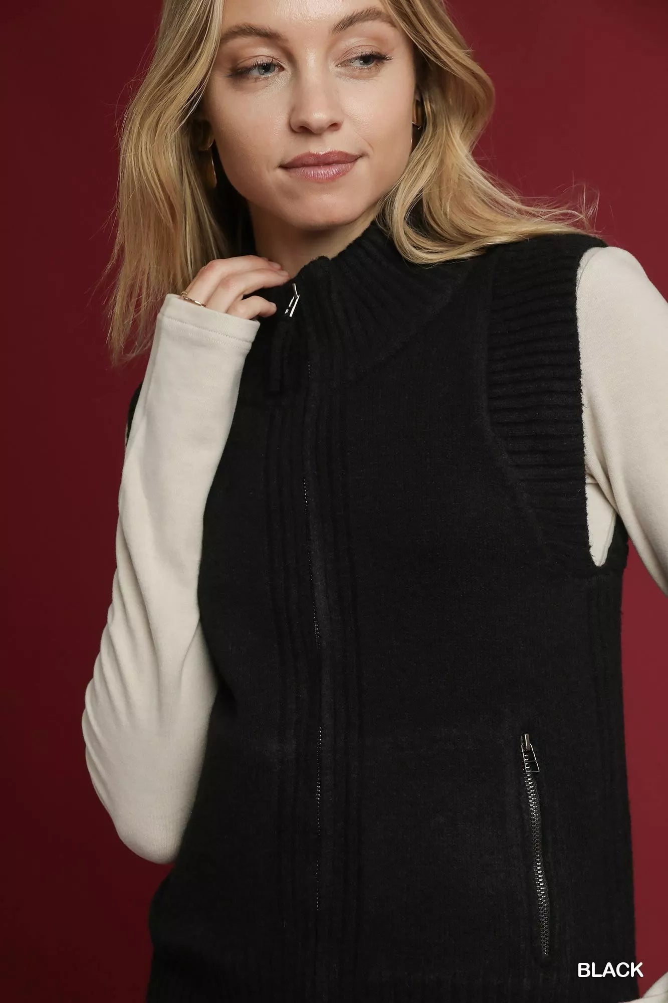 Umgee Umgee Zip-Up Sweater Vest with Ribbed Trim