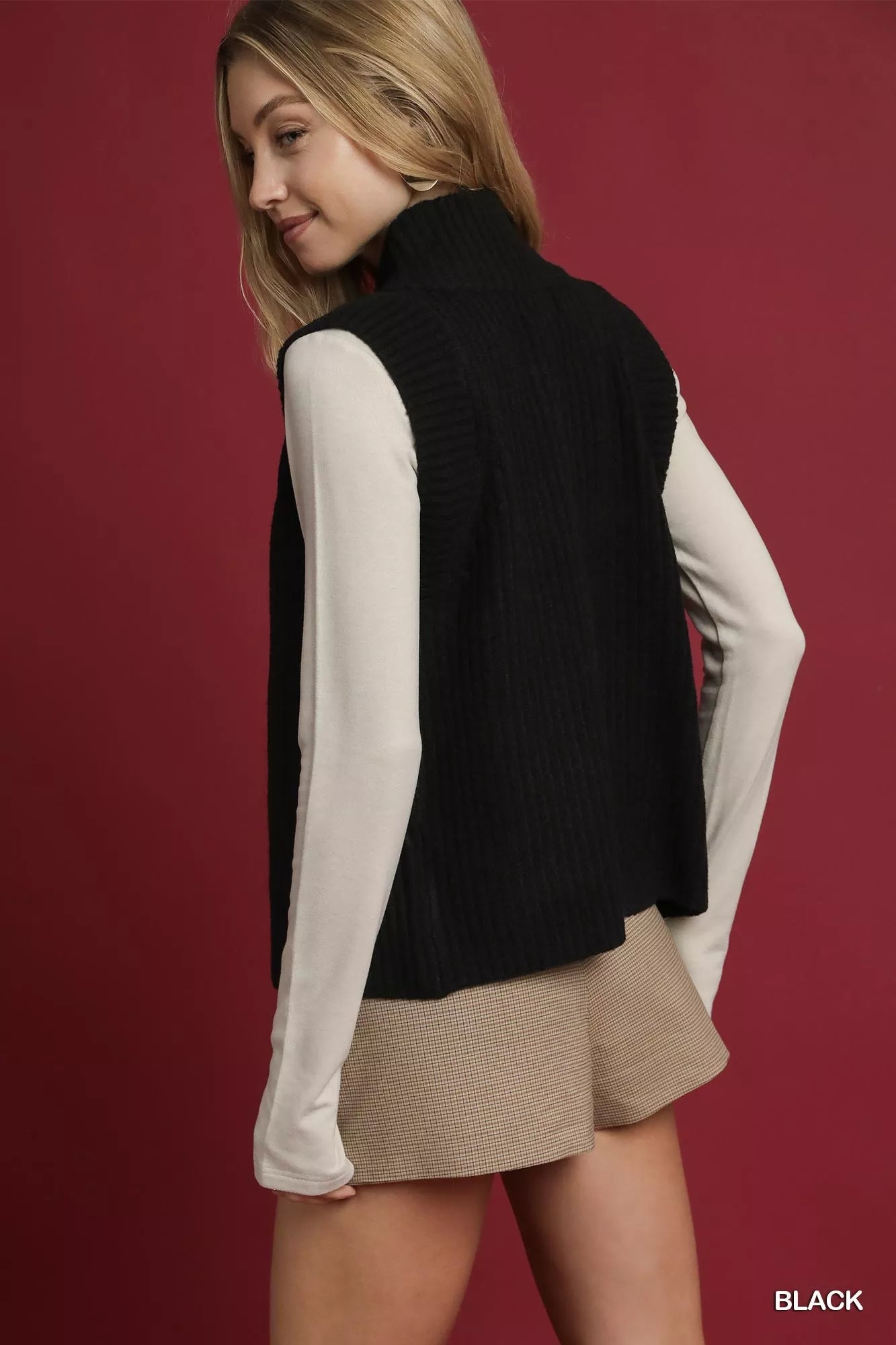 Umgee Umgee Zip-Up Sweater Vest with Ribbed Trim